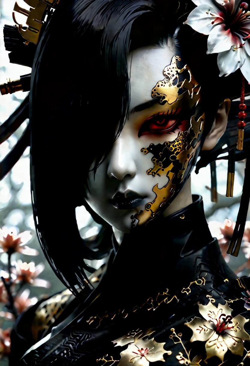 (cyborg geisha cybernetic organism 32k--9:16-ar) carbon fiber mask, hires professional photography of the highest quality, beautiful face shape, perfect anatomy, expressive gaze, dark sci-fi swamp of rotten flowers, misty fog, cyborg tattoos- geishas, ​​black and gold filigree, minimalism. (cyborg geisha, cybernetic organism, full-length, wide angle, centered, no cropping) - AR 9:16 --ar 9:16 --style raw --stylize 1000. Christophe M.
