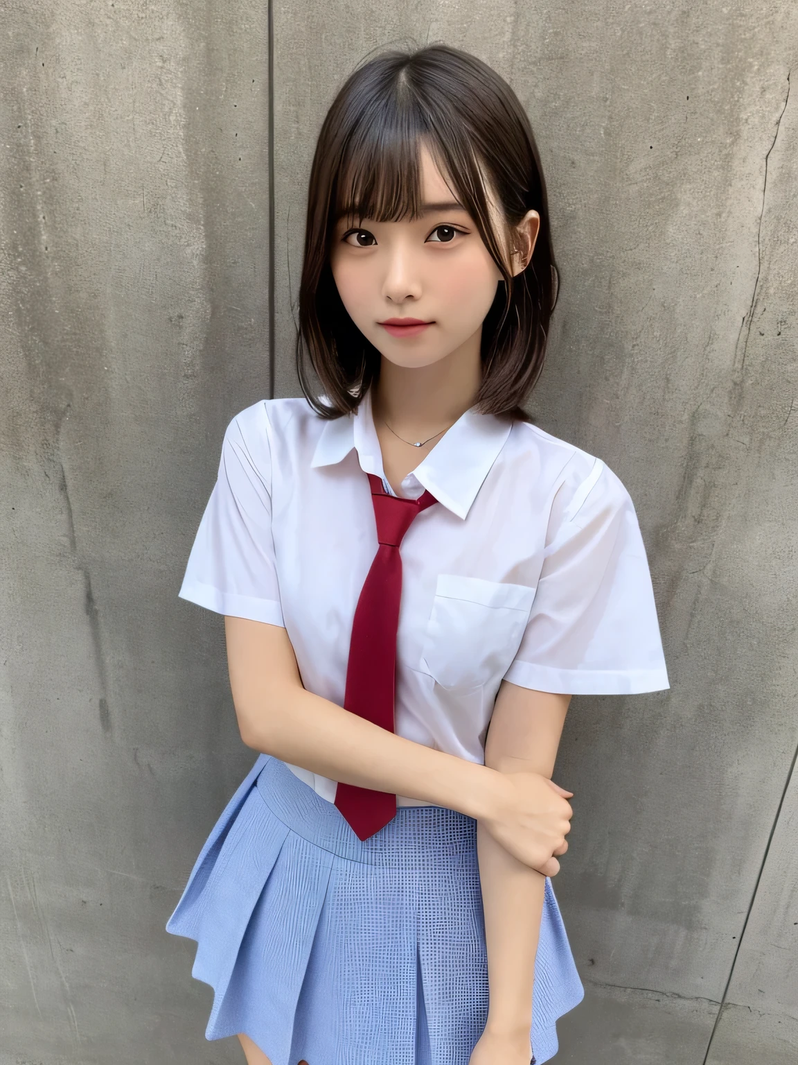 Japanese Girls、-yeld giShort Hair、((Blonde))、bangs、Brown eyes、Twin tails、Perfect figure、Transparency、Gloss、Gloss、Modest chest、、Red tie、White shirt、Pink Skirt、Hirotake、Burning Body、Gravure idol pose、Light blue wall、Beautiful legs、Strong sunlight、dirty、Wet body in the rain、Wet