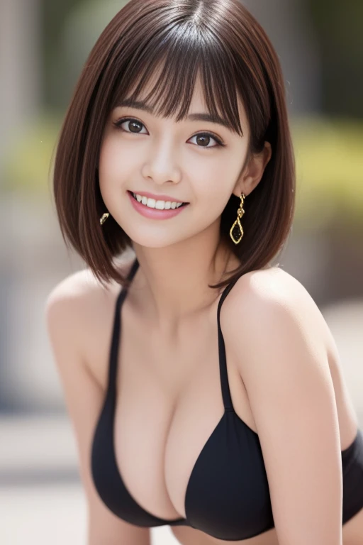 (masterpiece)、(highest quality:1.5)、(16k wallpaper:1.2)、(Photorealistic:1.2)、(Ultra-detailed:1.2)、(Surreal), (High resolution), (Very detailed), (Professional), (Realistic), (Post-processing), (Very detailed),(Sharp focus), Sharp focus:1.2,Photorealistic, Ultra-realistic, Backlight, (Improvement of quality:1.4), Healthy thighs、(Narrow waist)、Big Ass、(Beautiful legs)、((Perfectly detailed five-fingered hands)),(Anatomically correct body)、((1 female:1.4))、Japanese、Realistic Skin、(Small chest:1.4)、Bust size is C cup、Pretty woman with perfect figure:1.4,(from the front:1.5), (Enhances the beauty of skin texture:1.1), (Beautiful fine details), (Detailed face),No makeup、美しいBlack Hair、最高のsmile、Natural color lip、(Small Mouth:1.2)、(Oval Face)、Even bangs、Hide eyebrows with bangs、((29-year-old woman))、Bob Hair、Hair blowing in the wind, (Black Hair, Iris, Watery eyes, Shining Eyes, Bob cut hair, Small earrings,), Hair behind the ear、No makeup、(Drooping eyes)、Drooping eye corners、Professionalのカメラマンが撮影した写真,1 girl, かわいいsmile.whole body、(((One lovely woman)),((優しい大きなsmile)),(( Small breasts,Small breastsの谷間)),((((Plump Cheeks)))),((whole body:1.5))、(Narrow waist、Slender Body)、 cute look and cute 29-year-old girl, Hair blowing in the wind、Tabletop, wearing colorful bikini, Sharp focus, Perfect dynamic composition, Beautiful and detailed, Thin Hair, Detailed realistic skin texture, smile, Close-up portrait, Cleavage