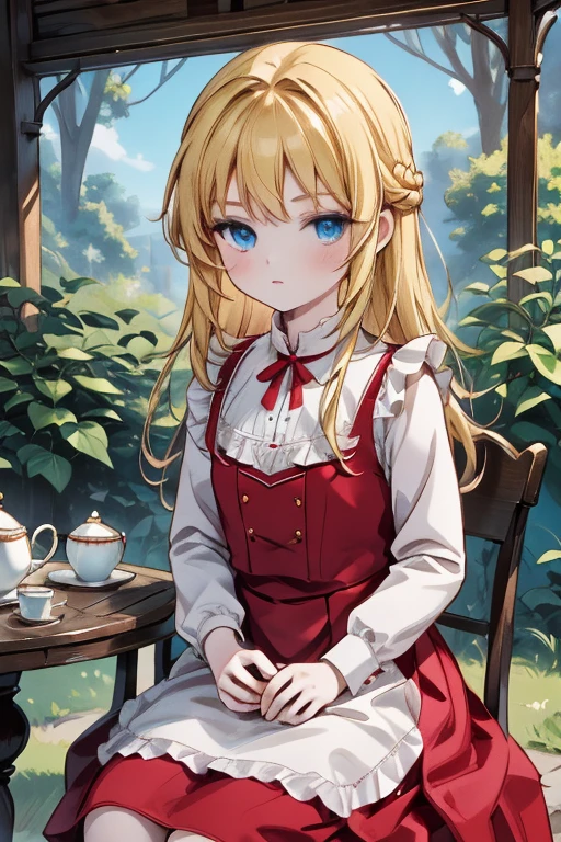(8k, highest quality, Tabletop:1.2)、Ultra-high resolution, Detailed face, One 10-year-old girl, blue eyes, Blonde, Braid, Long Hair, Red ribbon on head, Red dress, blue sky, in the forest, wood, table cloth, Set of cake and tea on the table, Sit on a chair、victorian dress
