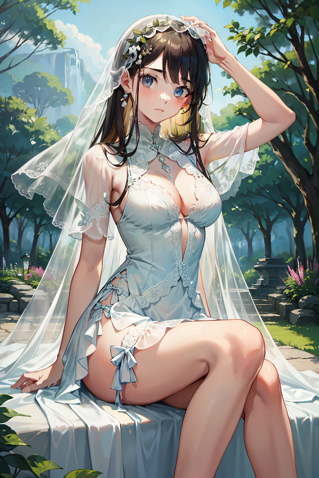 Gorgeous young woman, enveloped in the verdant embrace of nature, Idyllic setting with backdrop of lush green leaves and translucent lace organza.

The central focus is a woman casually seated, revealing her slender figure, clad in a pristine white, belted dress adorned with delicate lace detailing on the calves. She sports a single braid and tendrils cascading across her forehead.

A full-body shot captures the essence of summer and a gentle breeze, rendered with soft focus and an airy, diffuse light that lends a dreamlike quality to the photograph. The overall tone is bright with a touch of photo