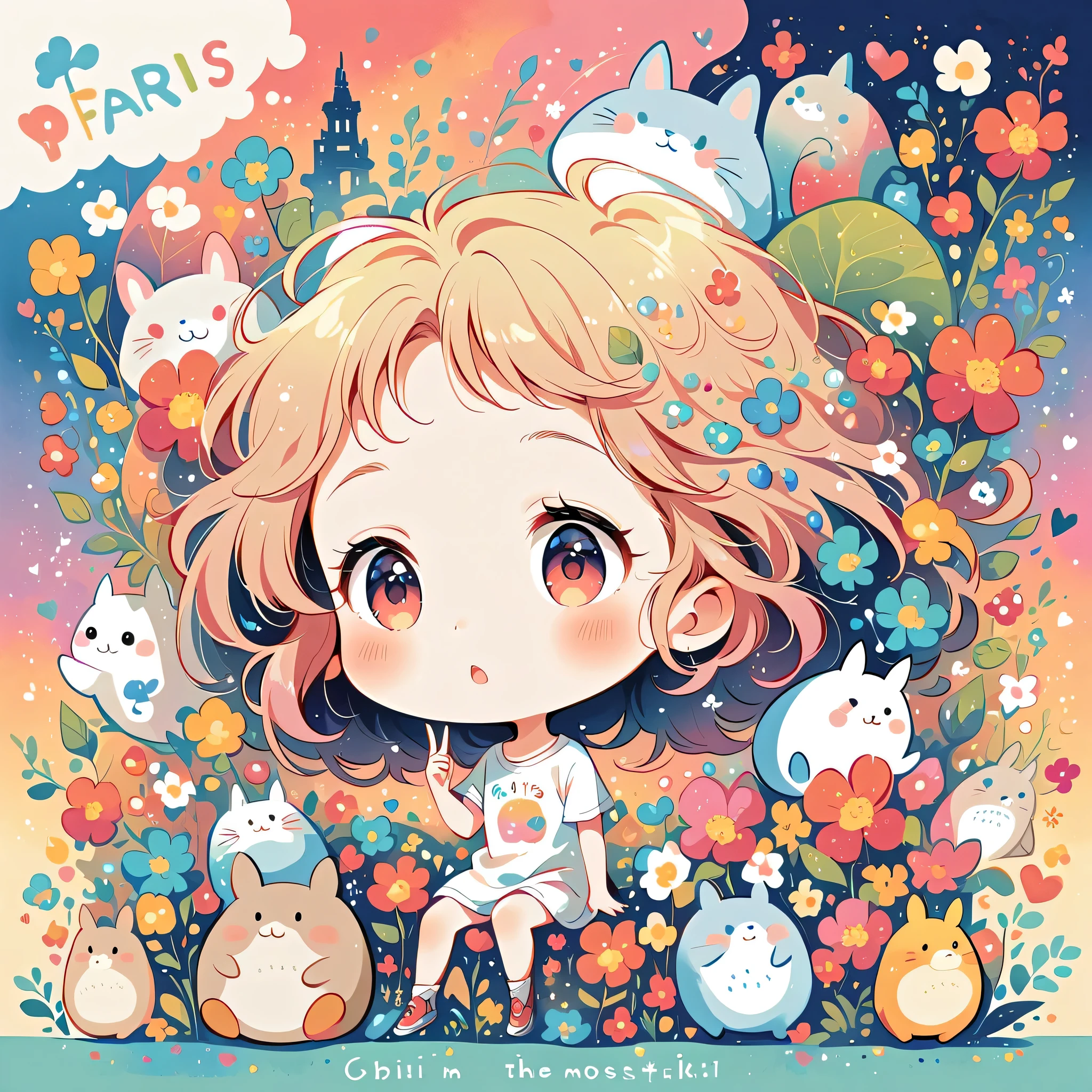 Hayao Miyazaki Style、The most beautiful girl of all time、Lips in Love、Colorful flowers、Simple line initials、Abstract art、Paris Background, (((chibi))), Totoro Forest