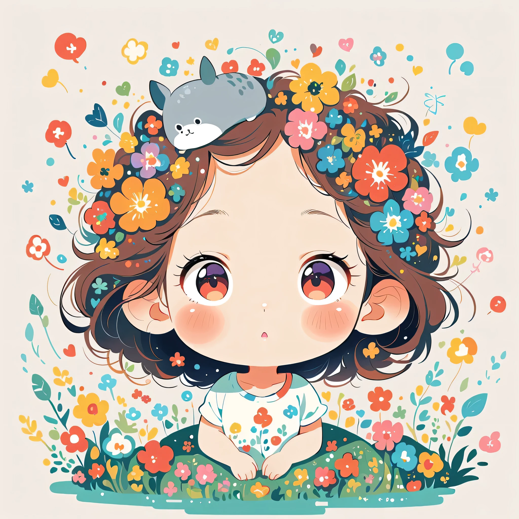 Hayao Miyazaki Style、The most beautiful girl of all time、Lips in Love、Colorful flowers、Simple line initials、Abstract art、Paris Background, (((chibi))), Totoro Forest