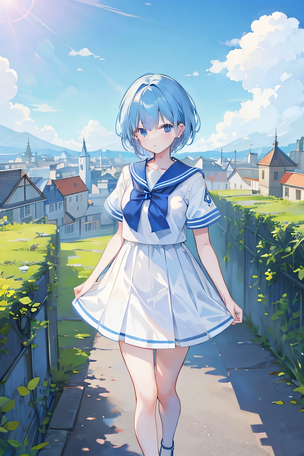 blue sky、Townscape、Blue short hair、Sailor suit、High school girls