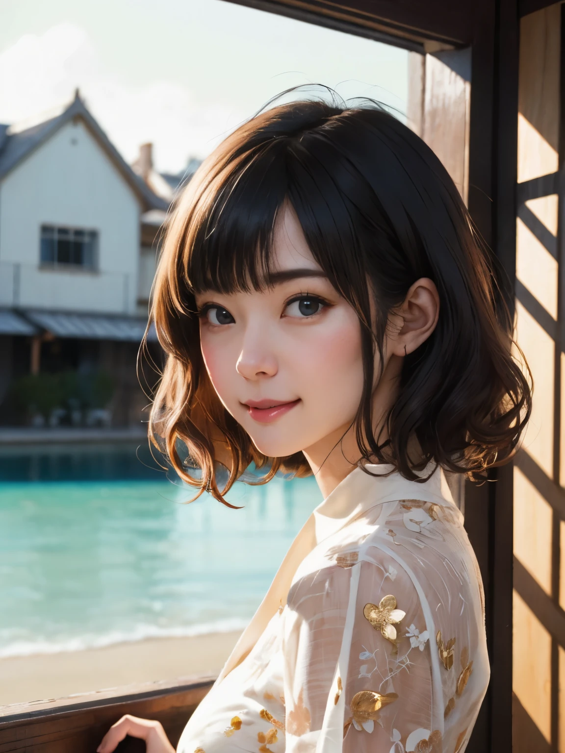 1 girl、highest quality、Realistic、alone、Written boundary depth、Natural soft light、Daytime、charm、Beautiful Face、Cleanliness、Pure Face、White skin、cute、short hair、prohibit、Beach、Light of the sun、Nedium Breast Body Esbian、((セーターを着たBeautiful Faceの黄金比 対称性のあるBeautiful Face))、Long neck、Listen carefully、prohibitのあるきれいな短いボブヘア、Laugh with your mouth closed、Perfect hands指、Perfect hands、Perfect body、Perfect Face、Shine a light into your eyes、Perfect Anatomy:1.4、とてもcuteスーパーモデル:1.4、{Huge|big|Hugeな|Mega} chest:2, chestの谷間:2、transparent、transparent性、Grossoiseture、Shine、Cool feeling、Beautiful gradation blue sky:2、(((Absurd beauty:1.6)))