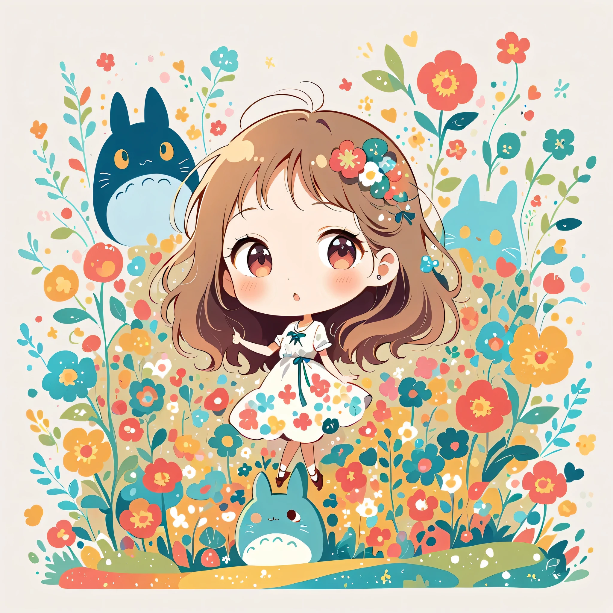Hayao Miyazaki Style、The most beautiful girl of all time、Lips in Love、Colorful flowers、Simple line initials、Abstract art、Paris Background, (((chibi))), Totoro Forest