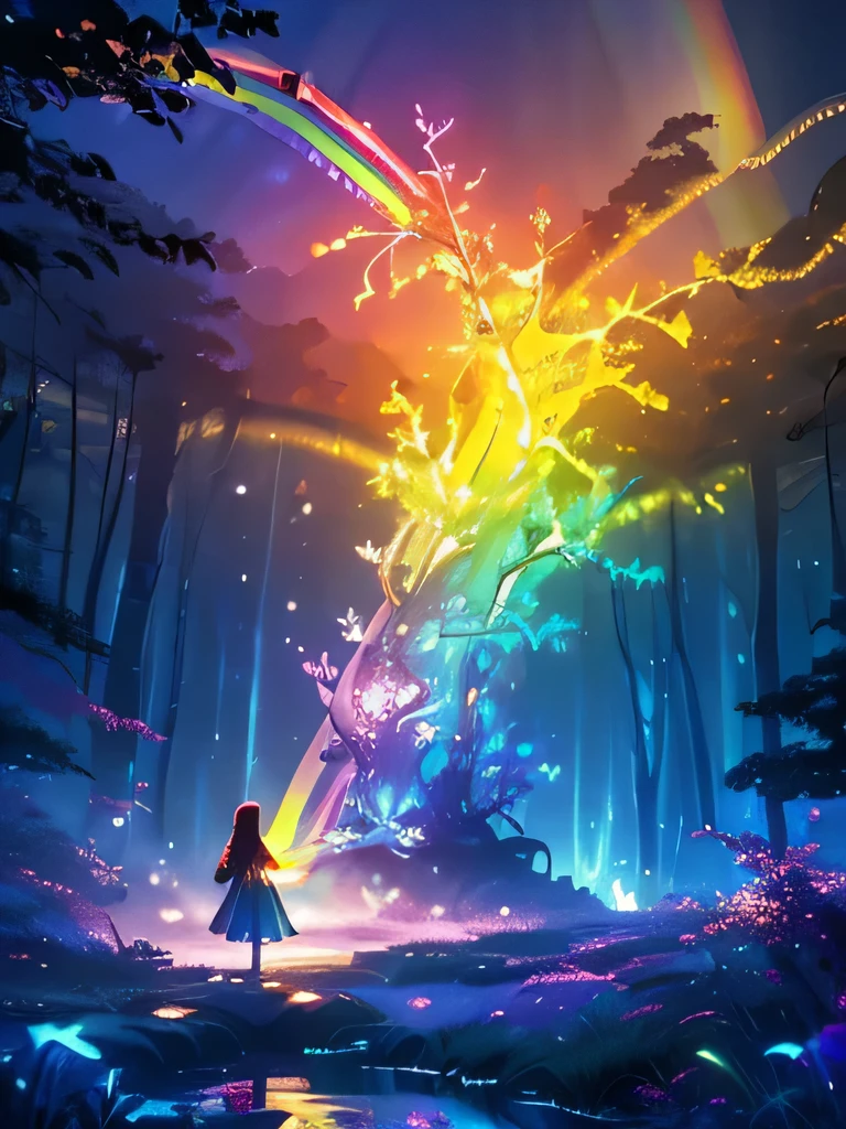 Enchanting Mysterious Forest, Neon colored butterflies, Pure blue water river fountain, Golden Mini Fairy, A glowing mushroom that releases pollen, extremely beautiful landscape, (Ultra-realistic), {Highly detailed 8k CG unit wallpaper}, expansive landscape photography, (Low perspective that prioritizes the entire scene, (A broad perspective), (Low angle shot), (highlight: 1.5), (Low Light: 1.0), (Warm light source: 1.0), Intricate details, (Rainbow-colored: 1.5), (Bright lighting), (Atmospheric lighting), nature, Magic, landscape、A girl is standing backwards