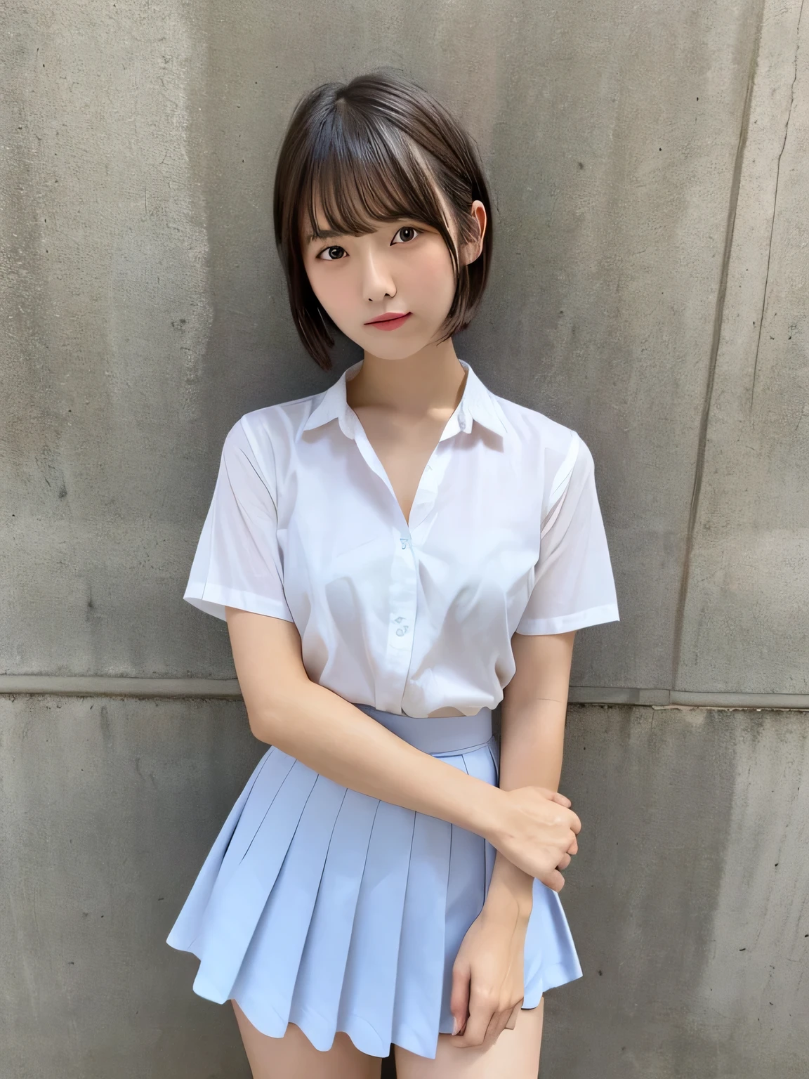embarassed expression、14years, Neat face, a baby face, Open your legs, Schoolgirl Uniform,navy check pleated skirt、 Short bob hair, (Best Quality, 8K, masutepiece :1.3), emotional, (gleaming skin, Shiny hair:1.4), Indoors, NSFW, masutepiece, Best Quality, (Ultra-detailed),Sitting on the toilet bowl、