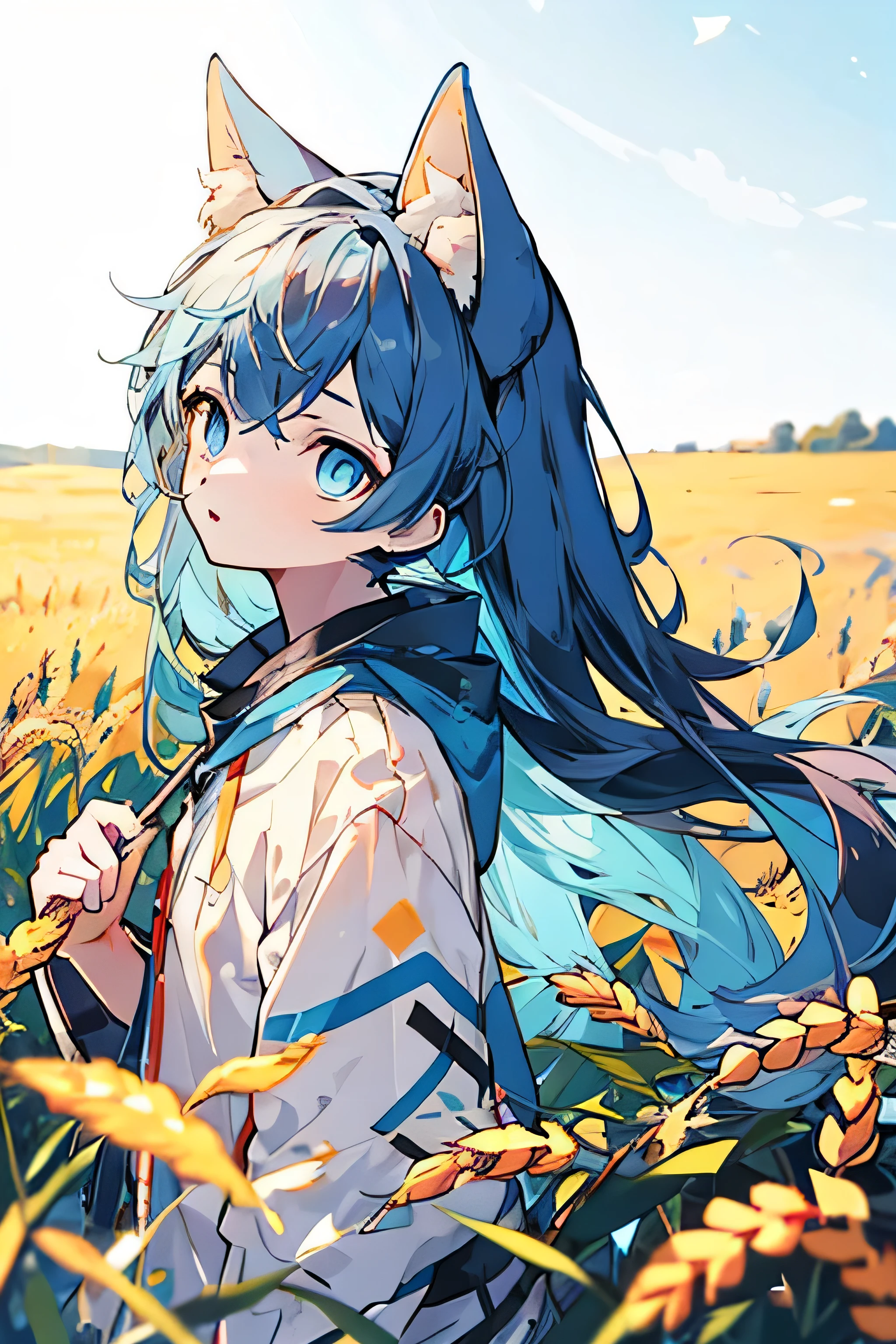 1 Girl, long hair, blue hair,blue eyes, Endless golden wheat fields, 