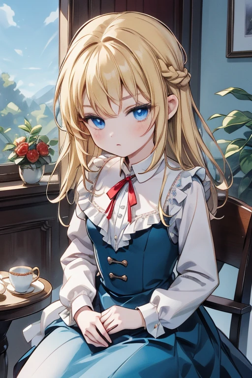 (8k, highest quality, Tabletop:1.2)、Ultra-high resolution, Detailed face, One -yeld gi blue eyes, Blonde, Braid, Long Hair, Red ribbon on head, blue sky, in the forest, wood, table cloth, Set of cake and tea on the table, Sit on a chair、victorian dress