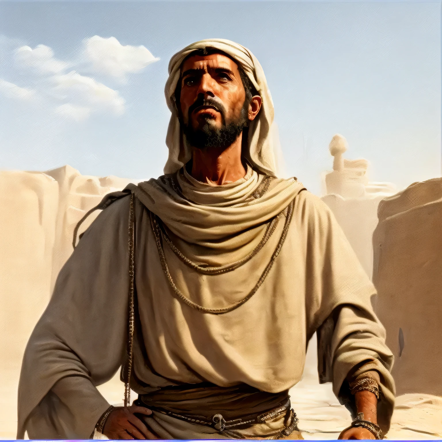 painting style , 4k,drawing , an Arab Bedouin standing with chained in hands and legs and looking up to sky and praying