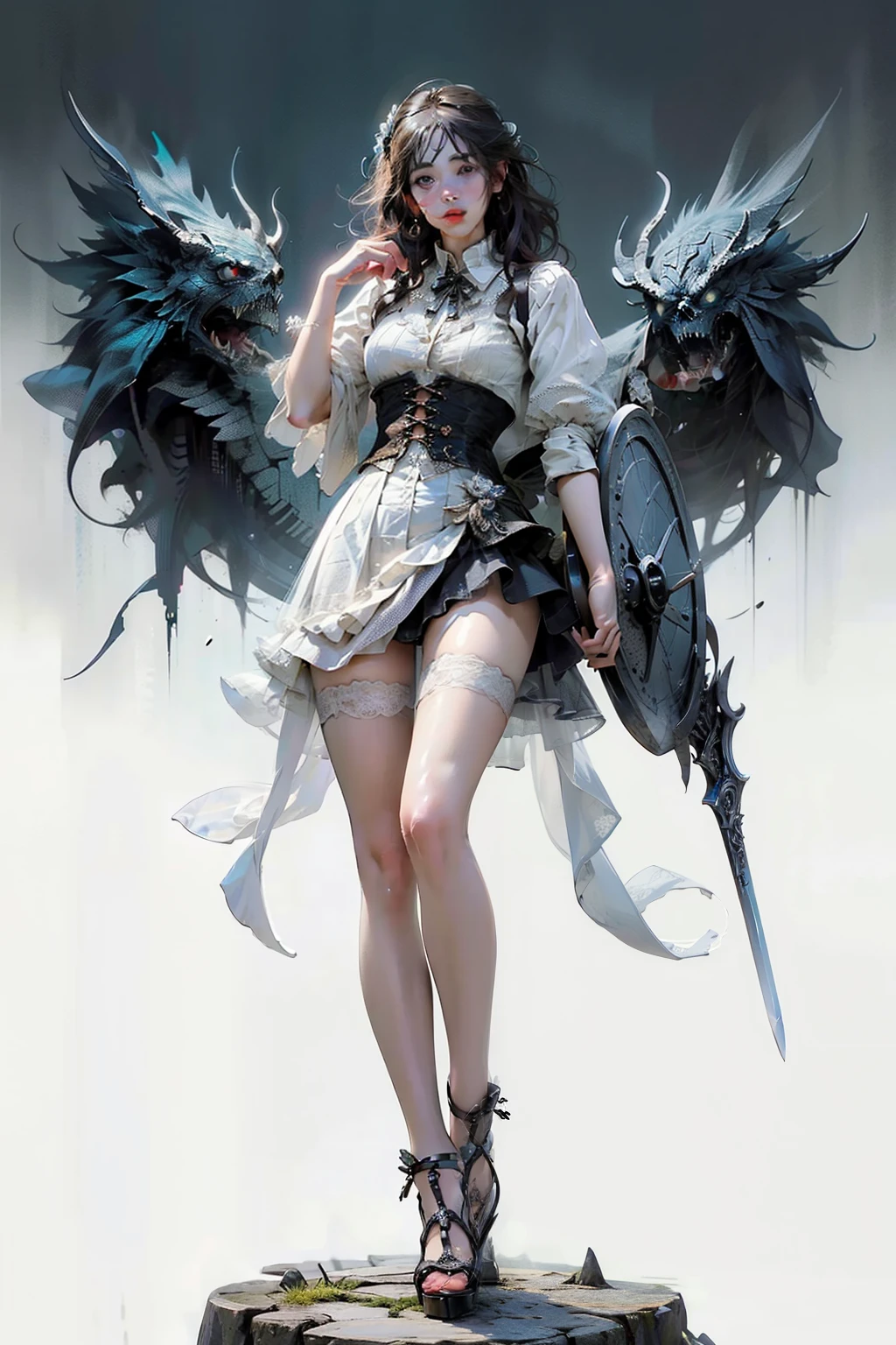 ((best quality)), ((masterpiece)), (detailed), 1girl, NSFW, long white grey hair, grey white eyes, very skinny, detailed, best quality, prominent collarbones, skinny arms, flat stomach, visible hip bones, small breasts, full body, red and white clothing, occult aesthetic, occult, detailed and intricate steampunk and detailed gothic, NSFW, Fluttering lace flared long knee length dress with frilly petticoats, knee length dress, pleated petticoats, petticoats gothic, complex lace boots, gothic aesthetic, wielding a mighty sword with mechanical components, mandalas, small breasts, a fairy, various different types of insect wings, bug wings, beetle wings, NSFW, full body, whole body, body, chains,