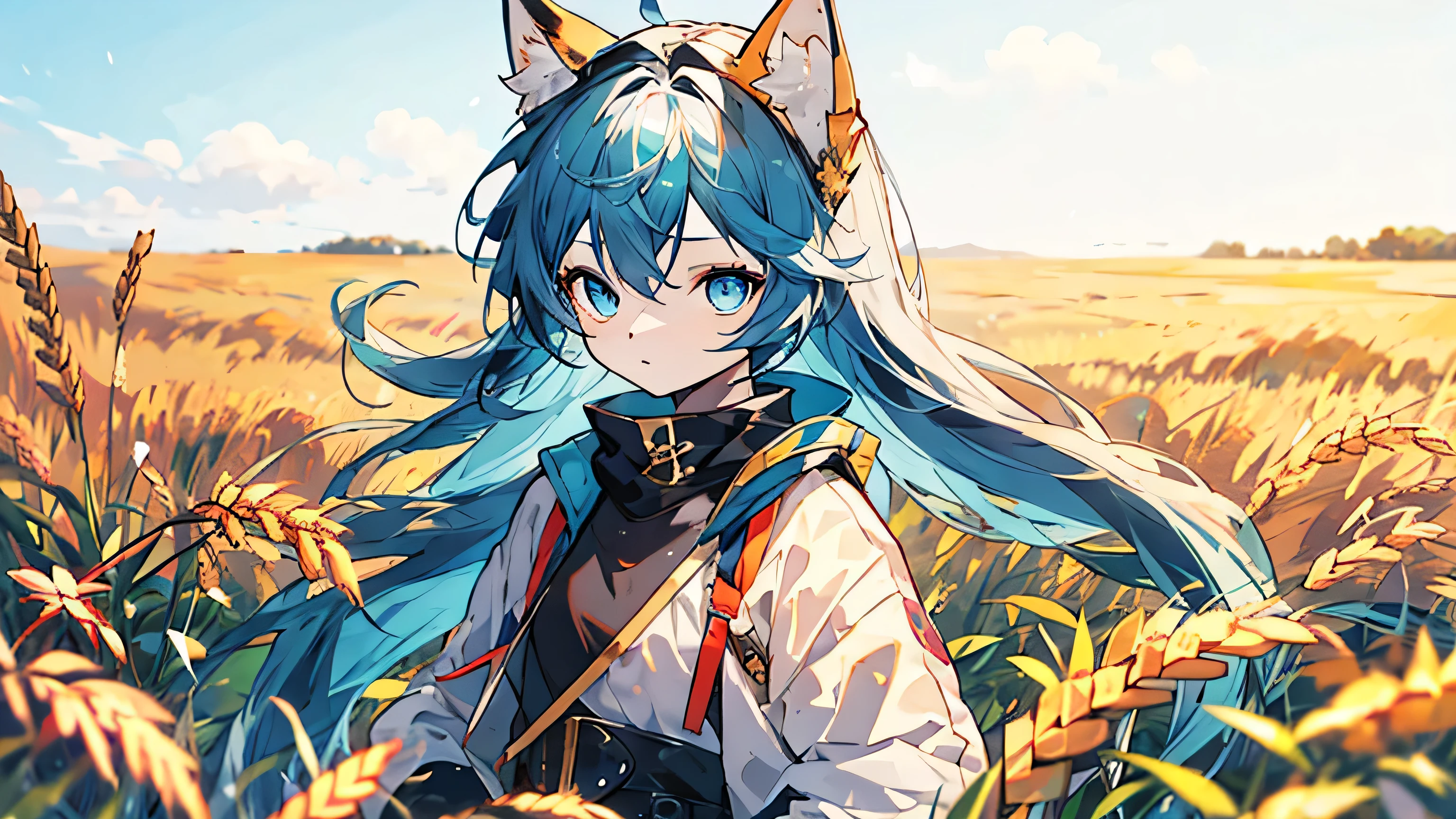 1 Girl, long hair, blue hair,blue eyes, Endless golden wheat fields,