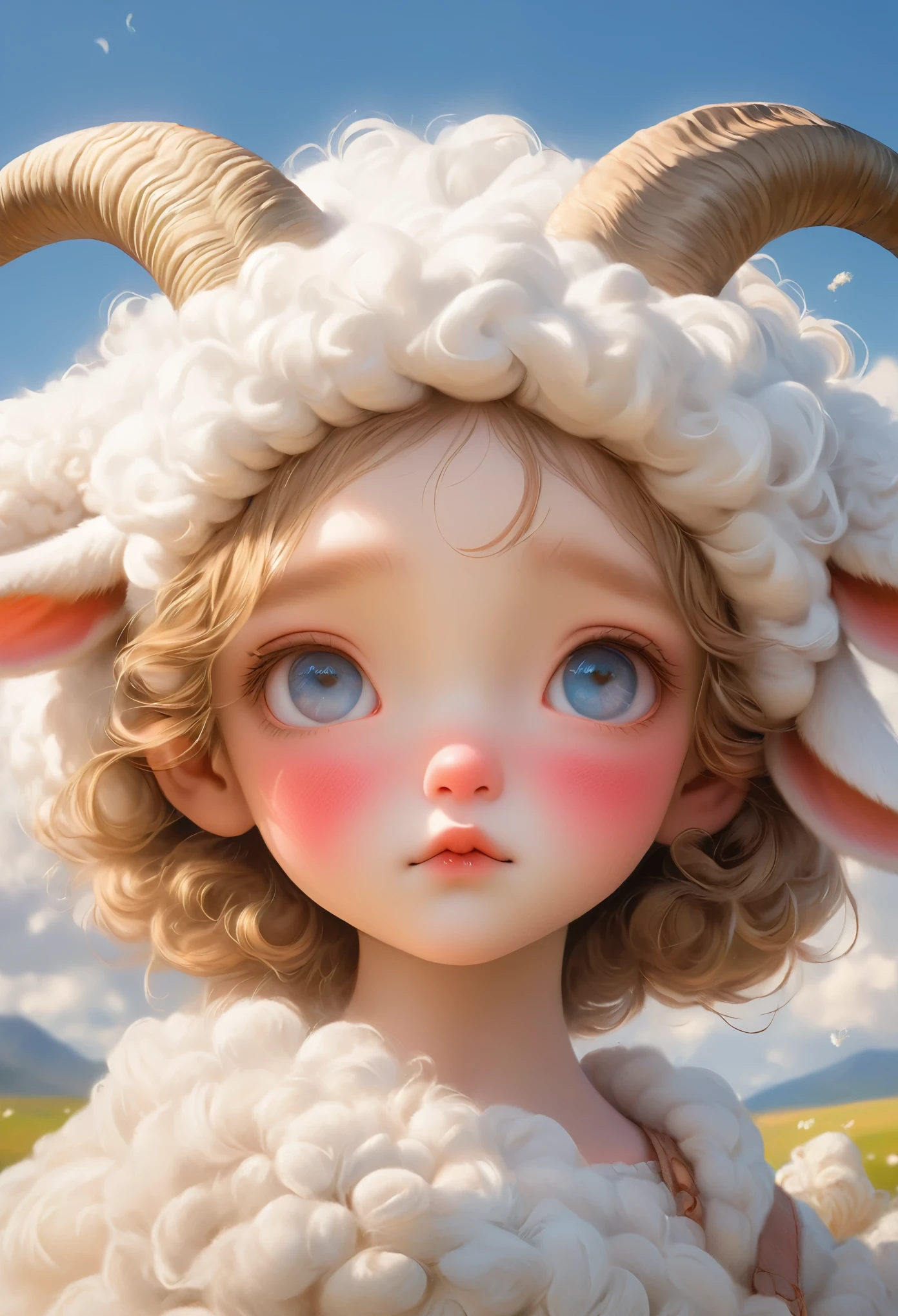 1girl, beautiful detailed eyes, beautiful detailed lips, extremely detailed face, longeyelashes, cloud, fluffy, sheep, solo, striped, vertical stripes, best quality, 8k, highres, masterpiece:1.2, ultra-detailed, realistic, photorealistic:1.37, HDR, studio lighting, ultra-fine painting, sharp focus, physically-based rendering, extreme detail description, professional, vivid colors, bokeh, fantasy, dreamlike, serene, pastel colors