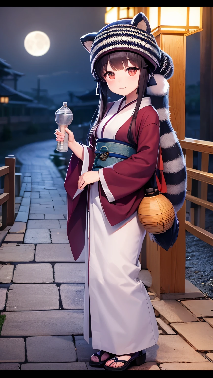 (highest quality:1.2)。A raccoon disguised as a human。Knitting hat。kimono。Lantern in one hand。Sake bottle in hand。The background is a moonlit country road。