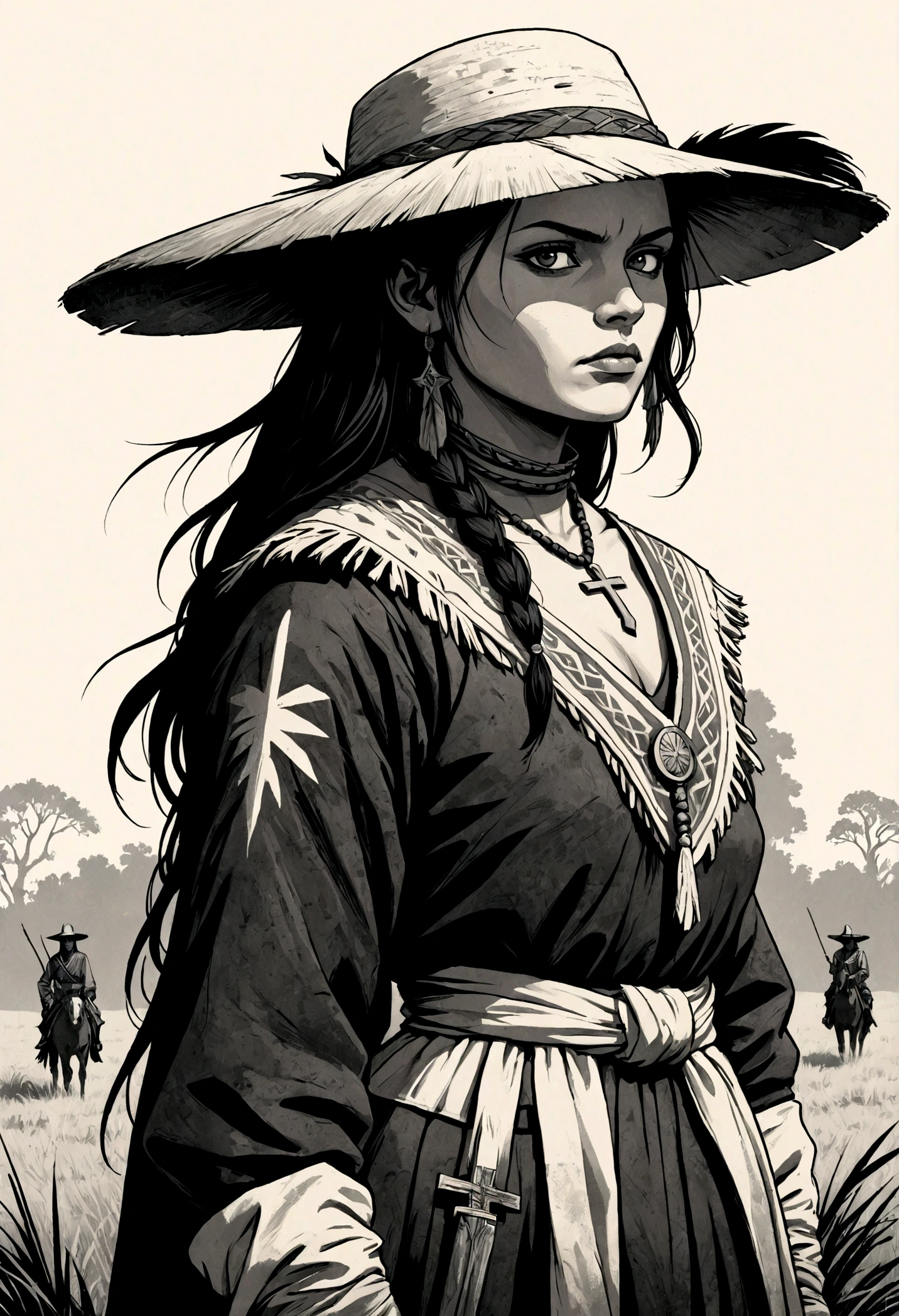 woman cheyenne, High contrast, minimalistic, colored black and grungy white, stark, dramatic, graphic novel illustration, cross hatching, seminole war, traditional outfits, landfields
