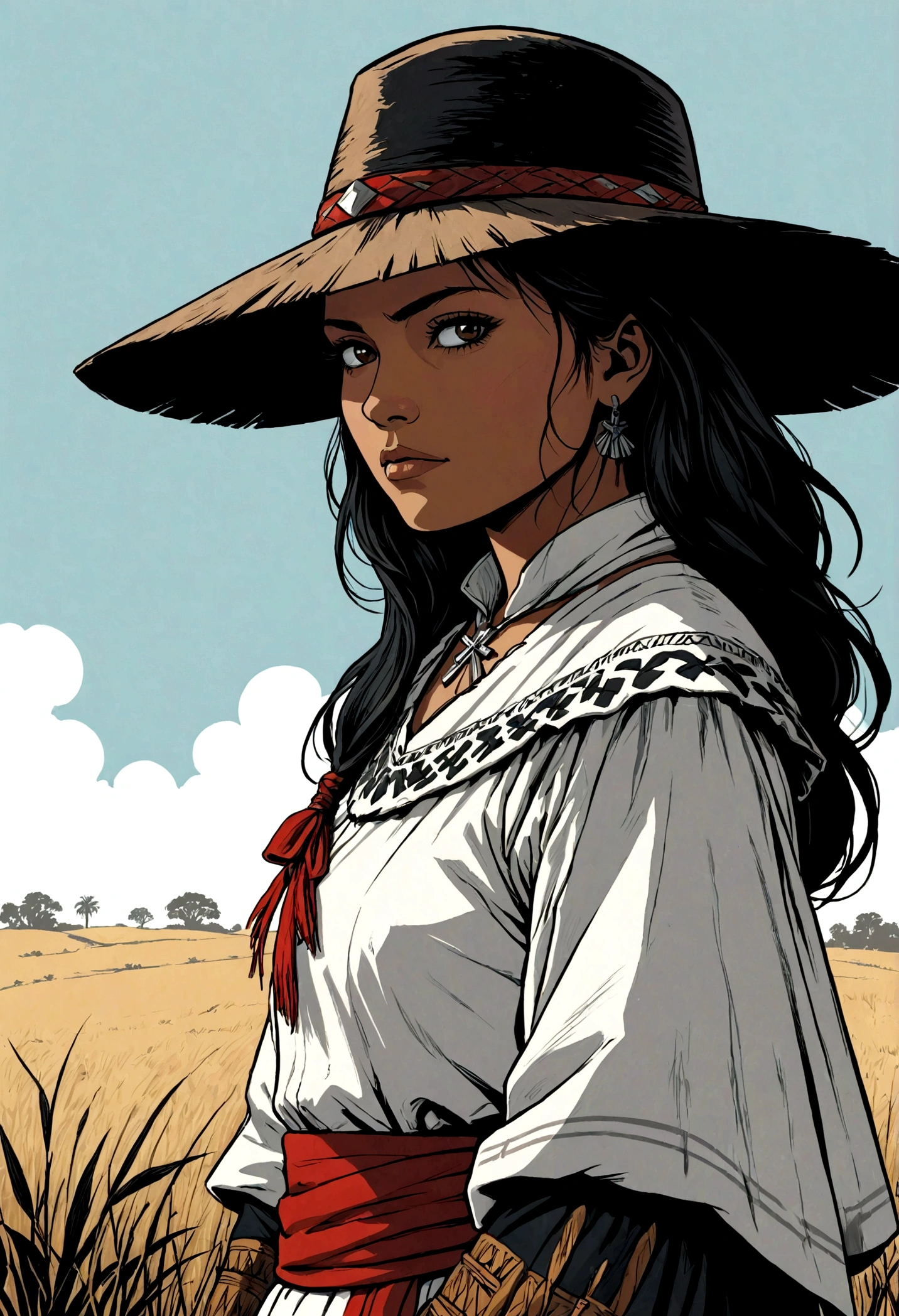 woman cheyenne, High contrast, minimalistic, colored black and grungy white, stark, dramatic, graphic novel illustration, cross hatching, seminole war, traditional outfits, landfields