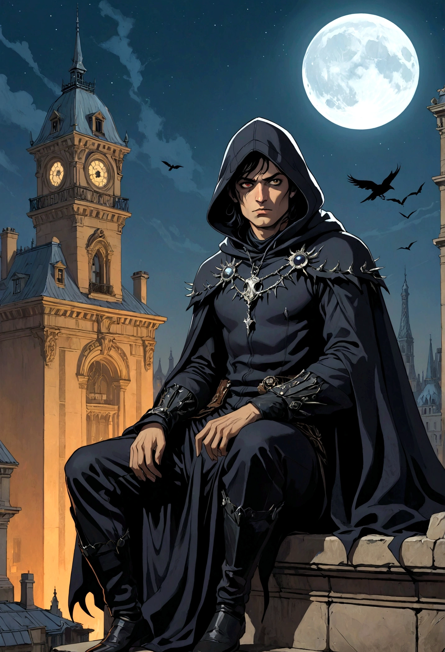 Paris 1900, Dark Fantasy, Dark night, moonlight, strong rim lighting, hard shadows,"CROW MAN", Newspaper title, uncanny ugly hero seated on the ledge, art nouveau architecture, iron structures, strong facial expression, large cape, thorns, intricate outfits, silver ornements, looking the city under, dark cover, adventures, a trip to tomorrow era, hoodie, looking at camera, graphic novel, vibrant, vivid life, hero pose, dutch angle, detailed black eyes, ligne claire, retro art nouveau style
