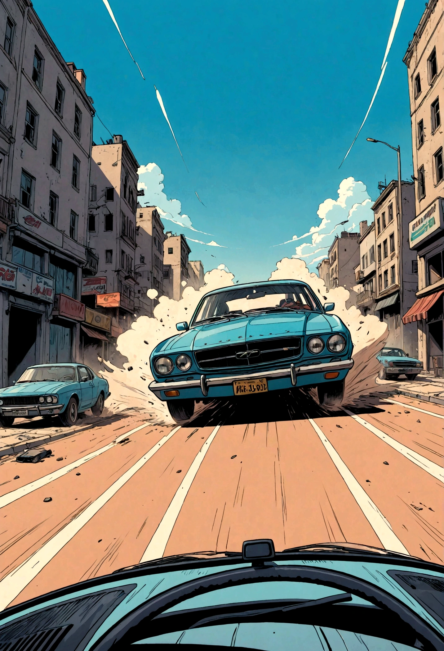 candid view, car chase, epic, action, cinematic, motion trails, colored inked, comics, graphic novel illustration, flat colors, highly detailed, large gradient, paper texture, go pro, color graded illustration, comics page