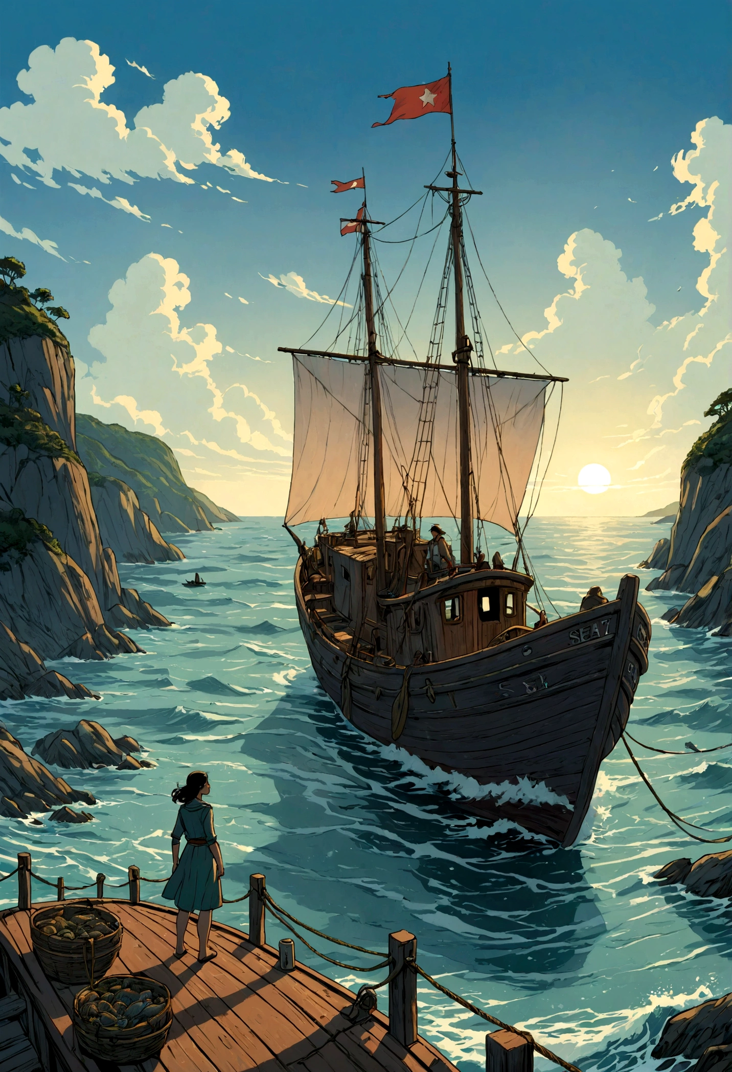Sea, the fishboat, a woman, graphic novels