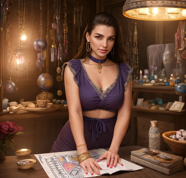 psychic reading, authentic live psychics upper body shot (masterpiece:1.2), (best quality,:1.2), 8k, HDR, ultra detailed, ((photorealistic)), perfect anatomy, professional light, cinematic lighting, ambient lighting, gipsy woman, earrings, choker, dynamic pose, looking at viewer, as a fortune teller, wearing robes, in a fortune teller shop, 