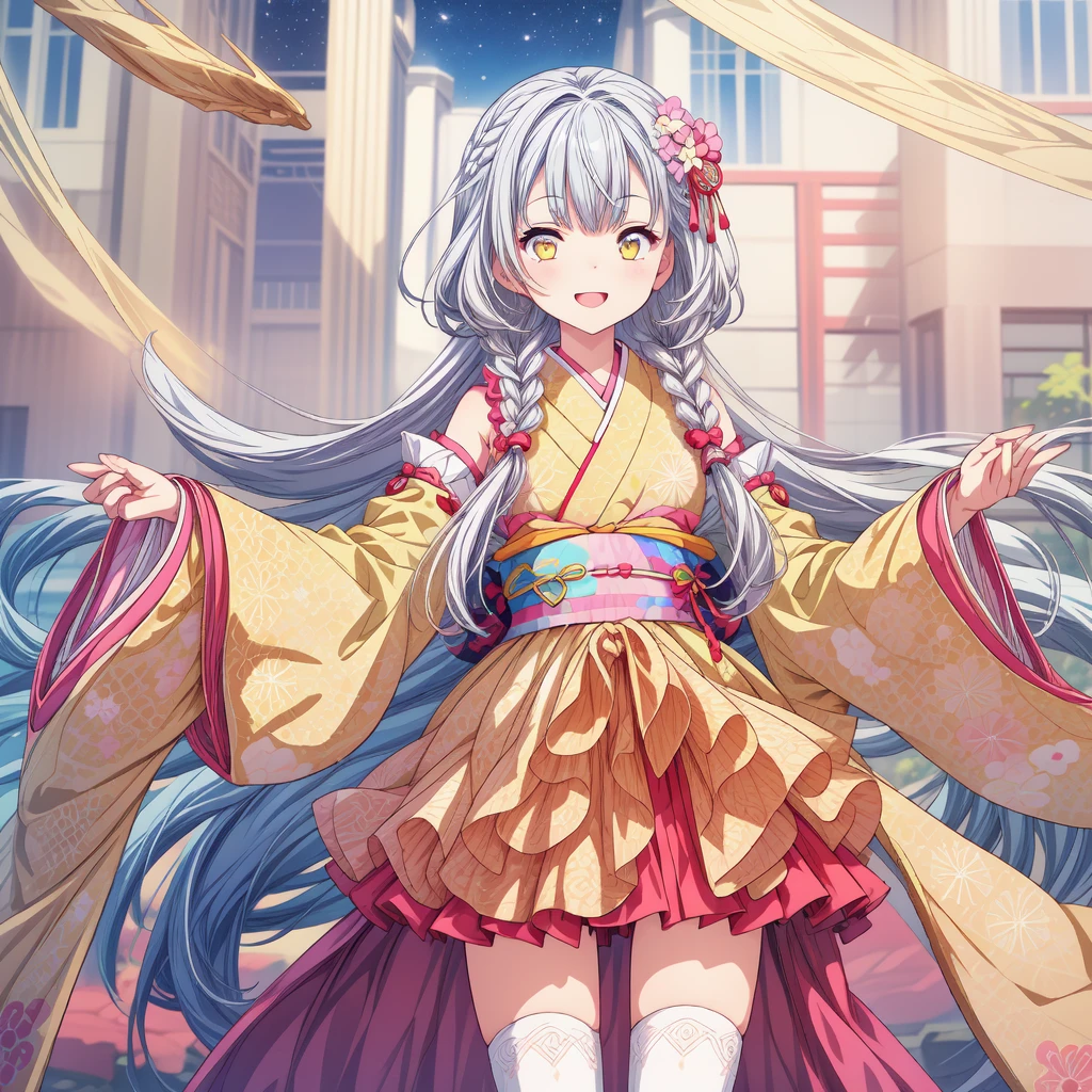(((1girl)))、starの妖精、vtuber-fullbody、(((highest quality、Masterpiece、The best composition、Golden Ratio、Official Art、Super detailed、Super detailedな目)))、ultra detailed, from front, headshot、 blue and white hair color、Short bangs above eyebrows、Short Hair、Standing in front of the viewer、着物とゴスロリをリメイクしたMilky Way柄の洋服で濃紺と水色を基調にした色、The sleeves are long and the hands are hidden、Knee-high boots、Pure white simple background、star、Milky Way、universe、流star群、frills, japanese clothes, hair flower,wide sleeves, kimono, white thighhighs, zettai ryouiki, floral print, skirt,detached sleeves,