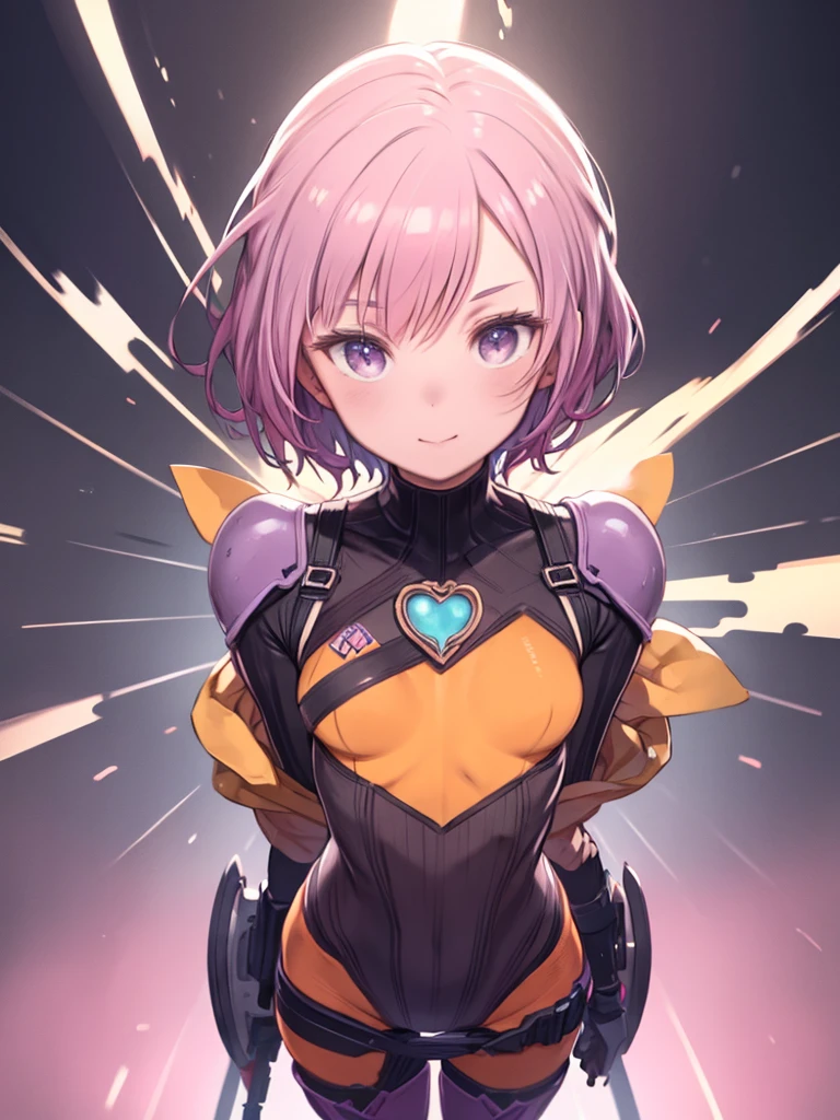 Like pop art, highest quality, Ultra-fine, 16k, Ridiculous, Very detailed, delicate and dynamic, Cute Female Warrior, Awkward smile, Orange messy wavy short hair, Purple eyes, Pink seamless turtleneck bodysuit, Purple short down jacket, Purple Boots, Heart shaped handprint, Wind, Wind-effect, Colorful laboratory plants on a soft background, Mysterious Bullet-Shaped Gun
