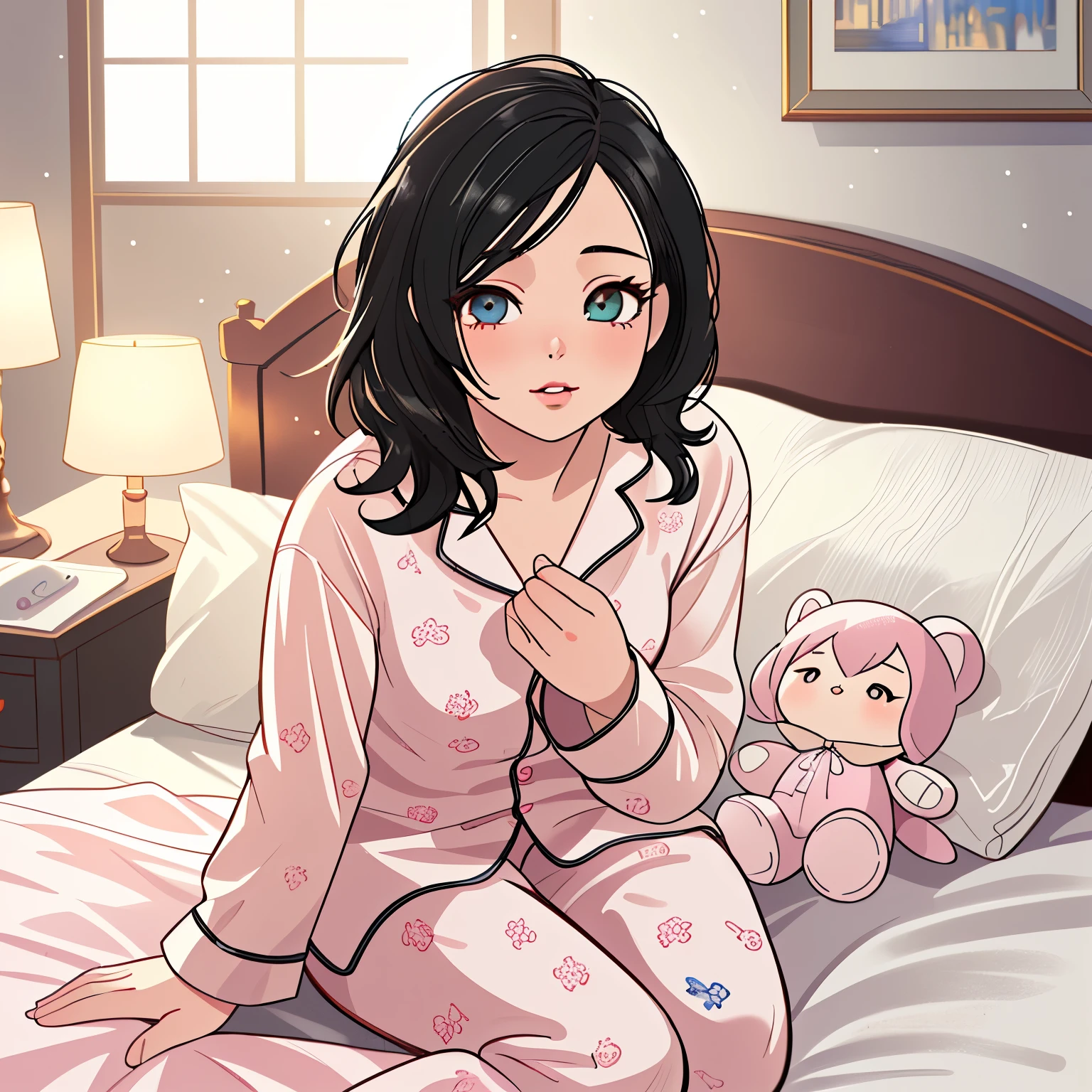 a cute doll in pajamas, photorealistic, beautiful detailed eyes, beautiful detailed lips, extremely detailed face, longeyelashes, 1girl, sitting on bed, having pajama party, warm lighting, soft pastel colors, cozy bedroom interior, plush toys, stuffed animals, decorative pillows, fuzzy blankets, (best quality,4k,8k,highres,masterpiece:1.2),ultra-detailed,(realistic,photorealistic,photo-realistic:1.37),HDR,UHD,studio lighting,ultra-fine painting,sharp focus,physically-based rendering,extreme detail description,professional,vivid colors,bokeh