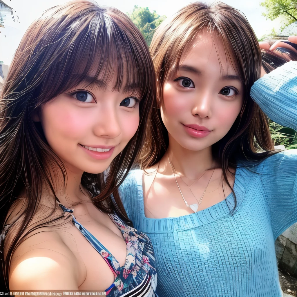 Identical twin sisters、************、Exactly the same face、Exactly the same body type、Exactly the same hairstyle、Instagram model from another dimension, by 2 person, Imaginative, Metaphysical, Whimsical, Anaglyph Style, 1 Japan, Cute Face, 18-year-old,