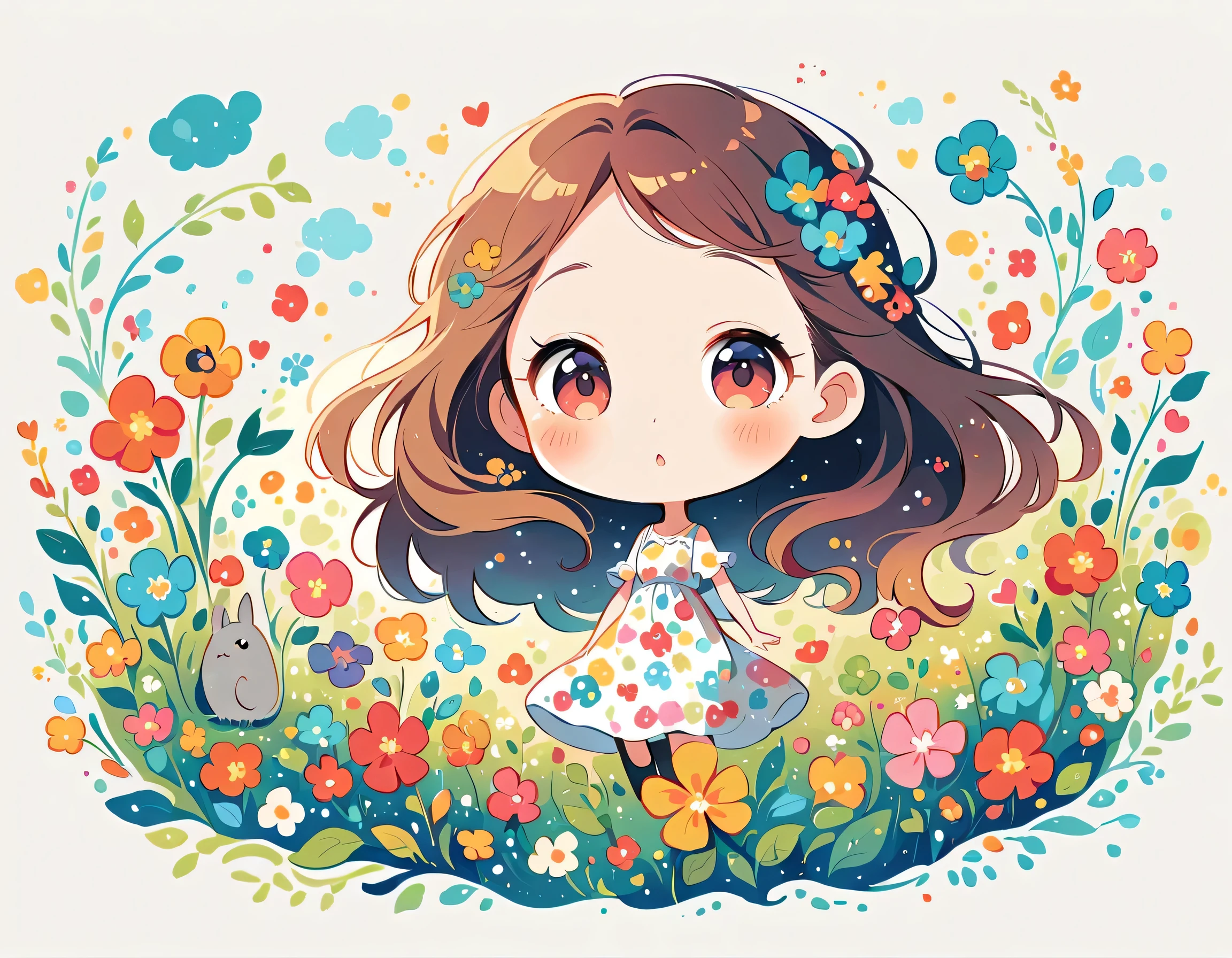 Hayao Miyazaki Style、The most beautiful girl of all time、Lips in Love、Colorful flowers、Simple line initials、Abstract art、(((chibi))), Totoro Forest