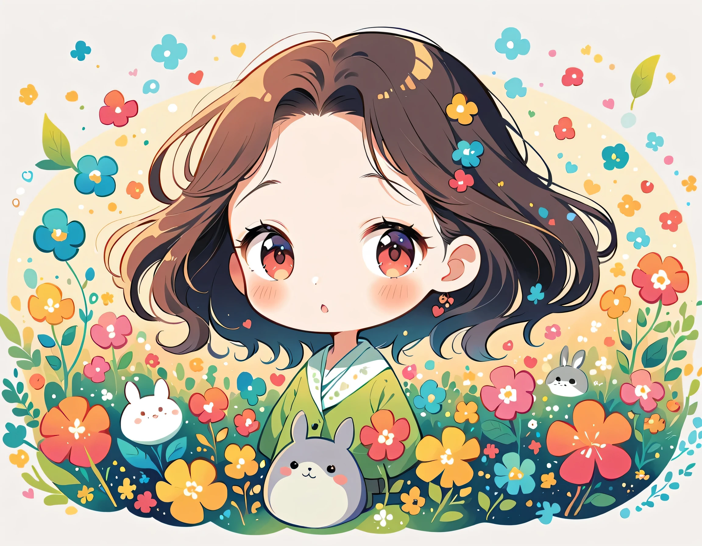 Hayao Miyazaki Style、The most beautiful girl of all time、Lips in Love、Colorful flowers、Simple line initials、Abstract art、(((chibi))), Totoro Forest