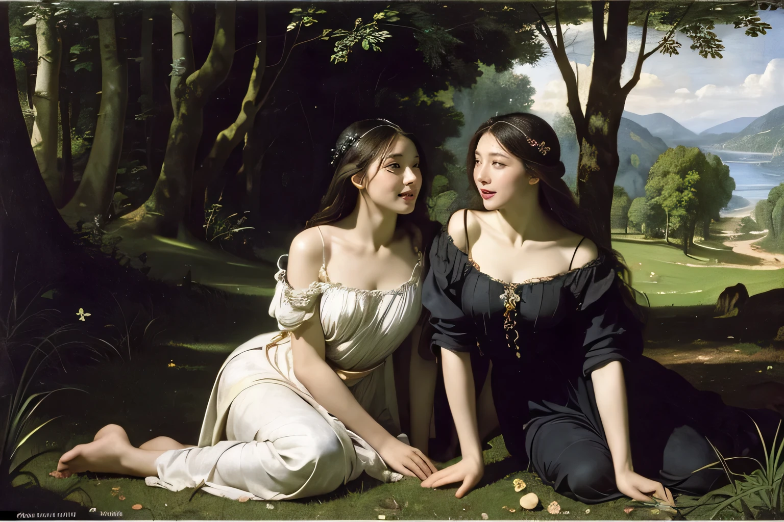Giorgione painting style,Barbizon forest A beautiful woman in Greek dress smiles on the shore,Sweet and seductive appearance.、Caravaggio's paintings、Chiaroscuro of Caravaggio、hair tousled by the wind,Two women frolicking,cute smile, expression of ecstasy,Sexy,erotic, full body portrait