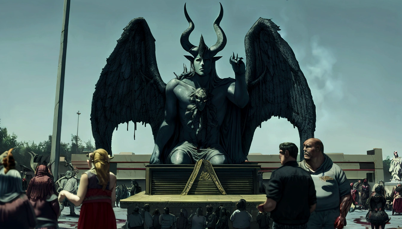 people standing around a statue of a horned demon, a demon with a goat head and large horns, strong and strong upper body, demon fur, fur, ((claws, wings)), demon armor, splashes of blood, Skulls on the floor, standing in a blood ritual, demonic sanctuary, Satanism, Molech, in style the devil sitting, large statues, Lucifer, Satanic ritual, satanic body, Hail Satan