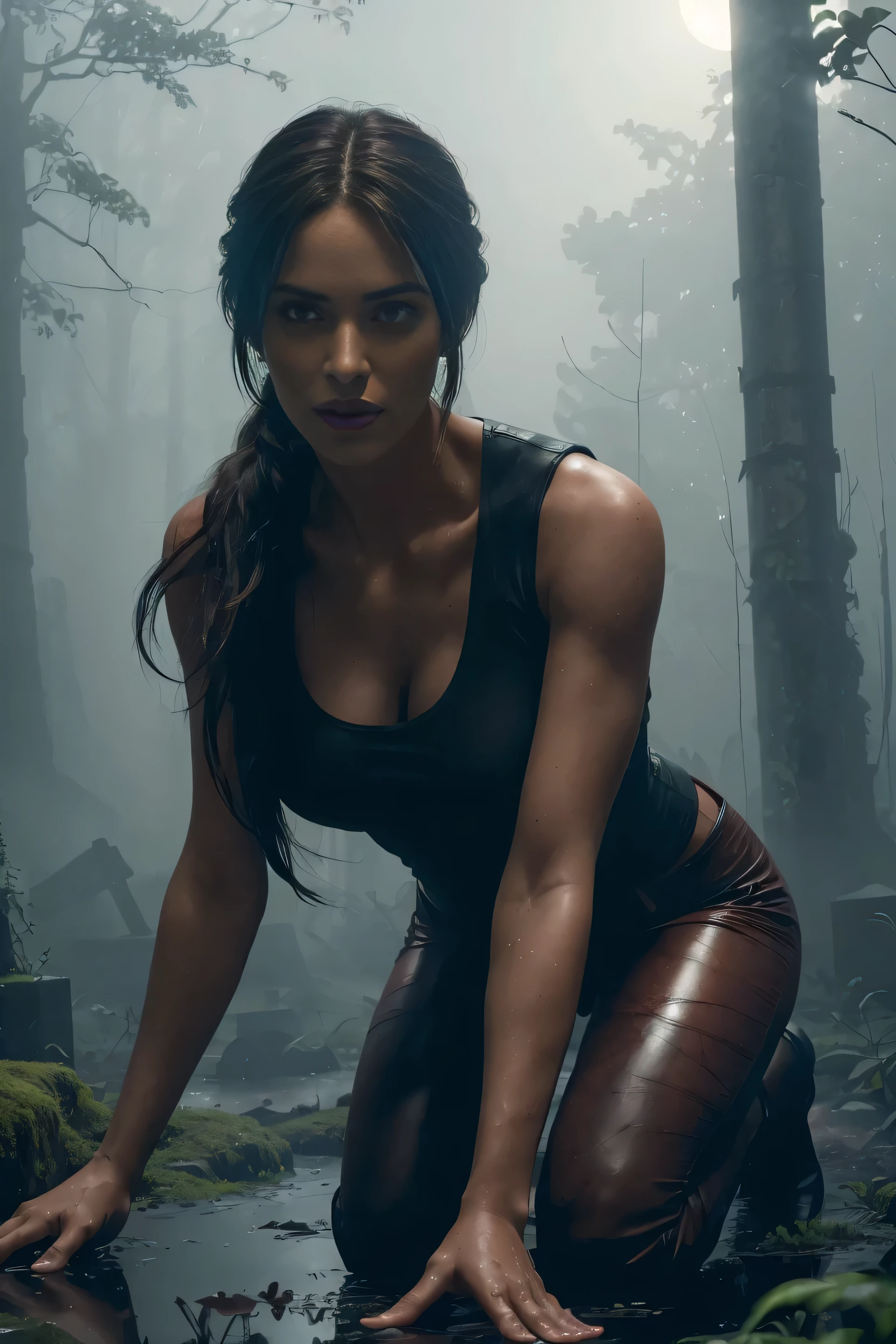 full body right lara croft, long brown ponytail, brown eyes, high arched eyebrows, long graceful neck, red lips, large breasts, short tight brown leather pants, pale green sleeveless torn t-shirt, leather boots, in an ancient cemetery overgrown with abandoned plants, kneeling in the between graves, he stretches his hand towards the moon (realistic, photorealistic, photorealistic:1.37 ), horror, dark and gloomy mood with dramatic lighting, Vibrant colors, Foggy environment, Mossy trees, detailed facial expressions, long wavy hair floating in water, Mirror images on the surface of the water , Terrible fog