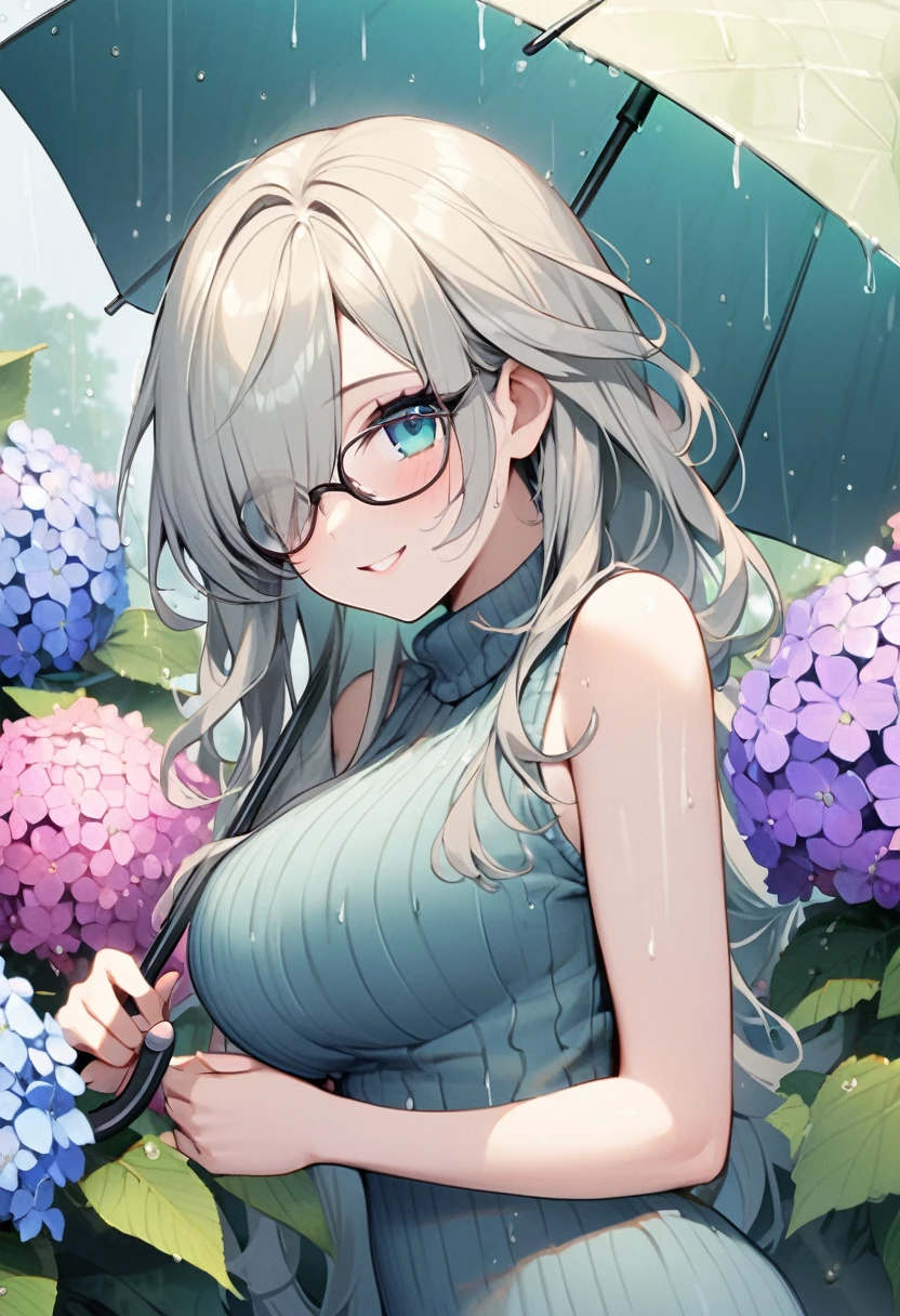 chibi, solo, adult lady, smile, long hair, hair over one eye, wearing glasses, sleeveless and Turtle Neck Sweater, big breast, holding large umbrella, rainy day, hydrangea, green leaves, from side, hearts effects,