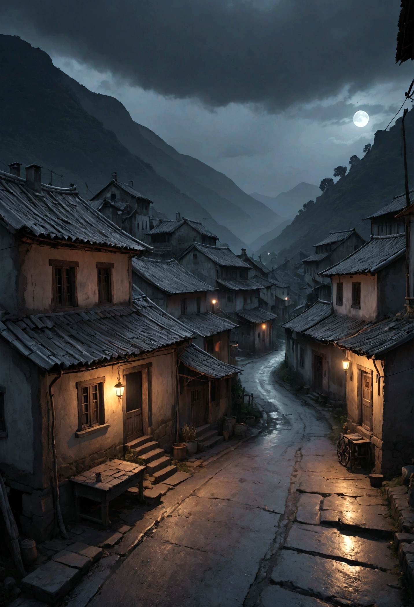 Poor mountain village street, Villagers, old house, Very detailed, night, gloomy, scary, Overlooking