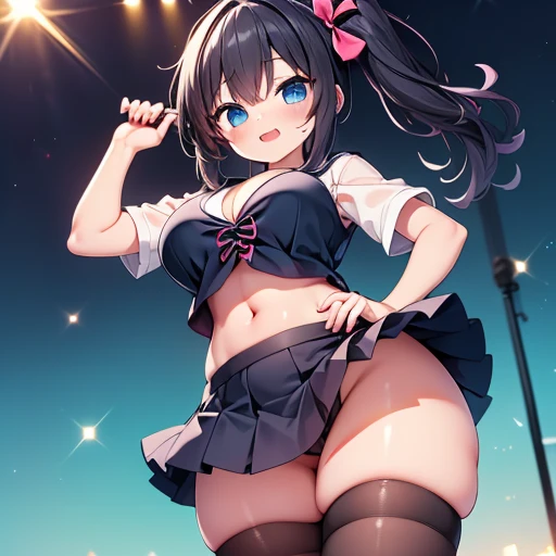 highest quality,wonderful,finely,Highly detailed CG Unity 8k wallpaper, (girl, Cute eyes, (魔法のピンクのgirlの衣装,Frilled mini skirt:1.1), Black Hair, blue eyes, Side Ponytail, Dressed), (Sparkling eyes:1.2), (Skinny body:1.1), (Huge breasts), (Cleavage:1.1), (Crop Top Belly Button:1.1), (Open your mouth:1.1), (Long Tongue:1.1), (Drooling from the mouth:1.1), (Black Stockings:1.1),(Thighs:1.2),(Waistline:1.1)