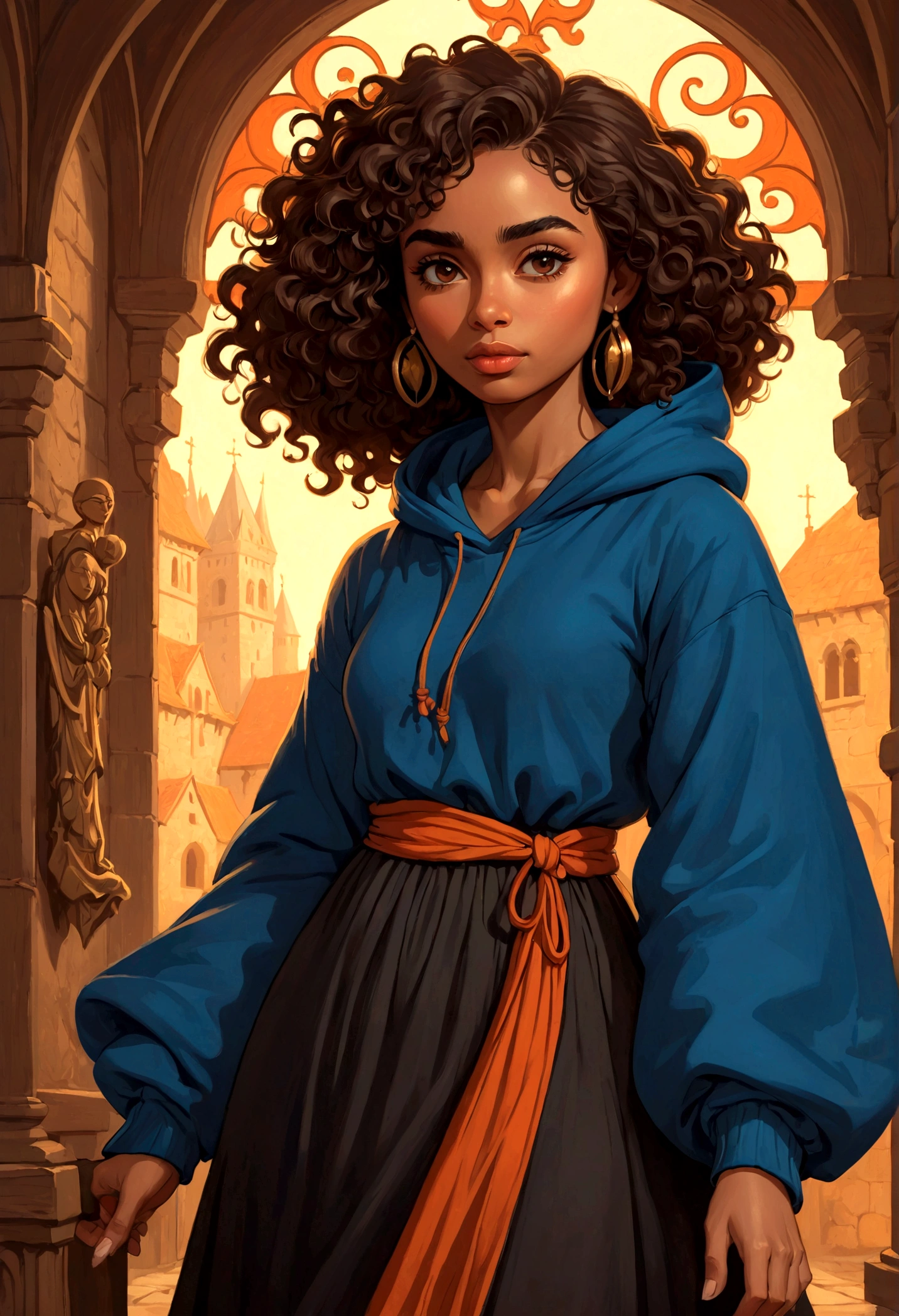 Lily Collins(Lily Collins)Detailed illustration of a curly black girl wearing a hoodie and medieval dress, Soft and bright, HD artwork by Greg Hildebrandt, Liu Citemer, Sergek Stepan, Samyang, Aykut Edodu, Justin Gerard, Alphonse Mucha, type germ, WLOP and Greg Rutkoski