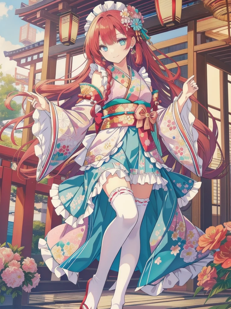 pixai,  Intricate details, High resolution, highest quality, High resolution,
Dynamic pose,
Outdoor,
smile,

(front leg pose:1.2),
break,
Shoulder-length hair,
Redhead,
Turquoise eyes,
(Medium chest:1.1),
 Frills, kimono, Hair Flowers,Wide sleeves, kimono, White knee socks, zettai ryouiki, Floral print, skirt,Removable sleeves, 
apron,