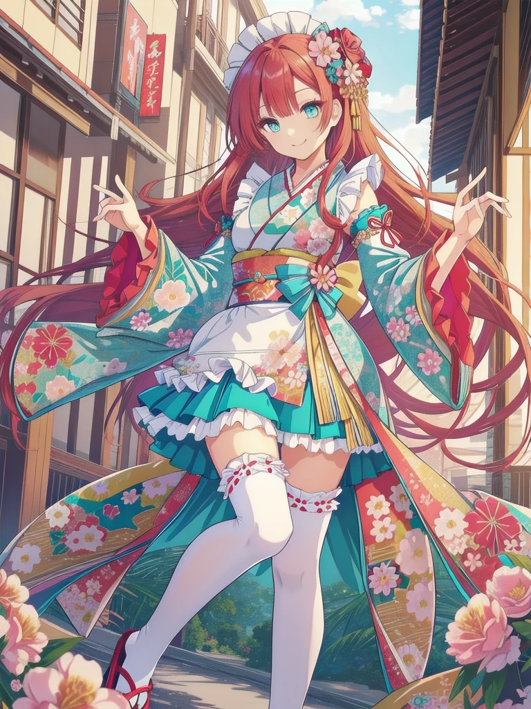 pixai,  Intricate details, High resolution, highest quality, High resolution,
Dynamic pose,
Outdoor,
smile,

(front leg pose:1.2),
break,
Shoulder-length hair,
Redhead,
Turquoise eyes,
(Medium chest:1.1),
 Frills, kimono, Hair Flowers,Wide sleeves, kimono, White knee socks, zettai ryouiki, Floral print, skirt,Removable sleeves, 
apron,