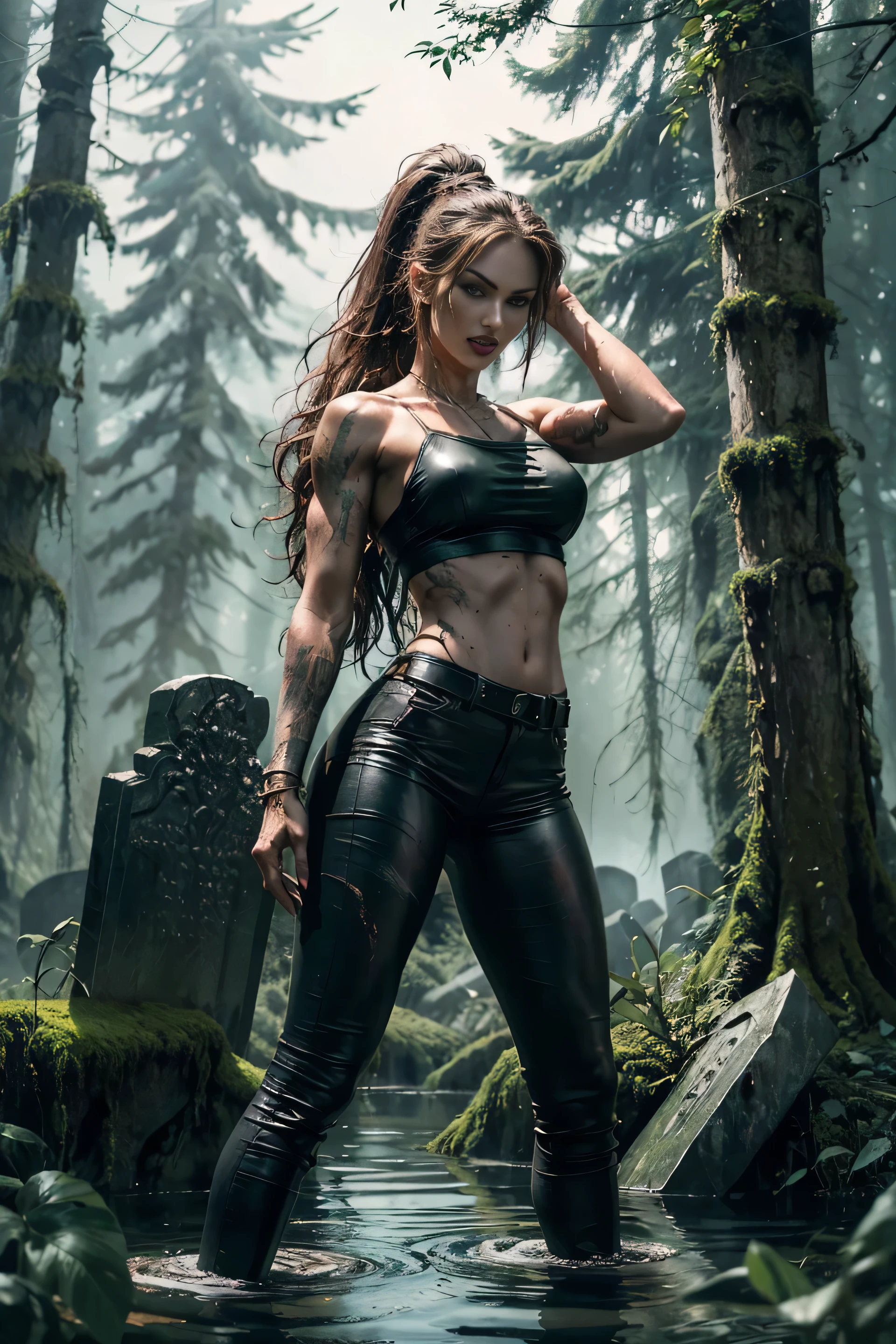 full body lara croft, long brown ponytail, brown eyes, high arched eyebrows, long graceful neck, red lips, big breasts, short tight brown leather pants, pale green sleeveless torn t-shirt, leather boots, in an ancient cemetery overgrown with abandoned plants, standing with her back among the graves stretches his hand to the moon (realistic, photorealistic, photorealistic:1.37 ), horror, dark and gloomy mood with dramatic lighting, Vibrant colors, Foggy environment, Mossy trees, detailed facial expressions, long wavy hair floating in water, Mirror images on the surface of the water, Horrifying mist