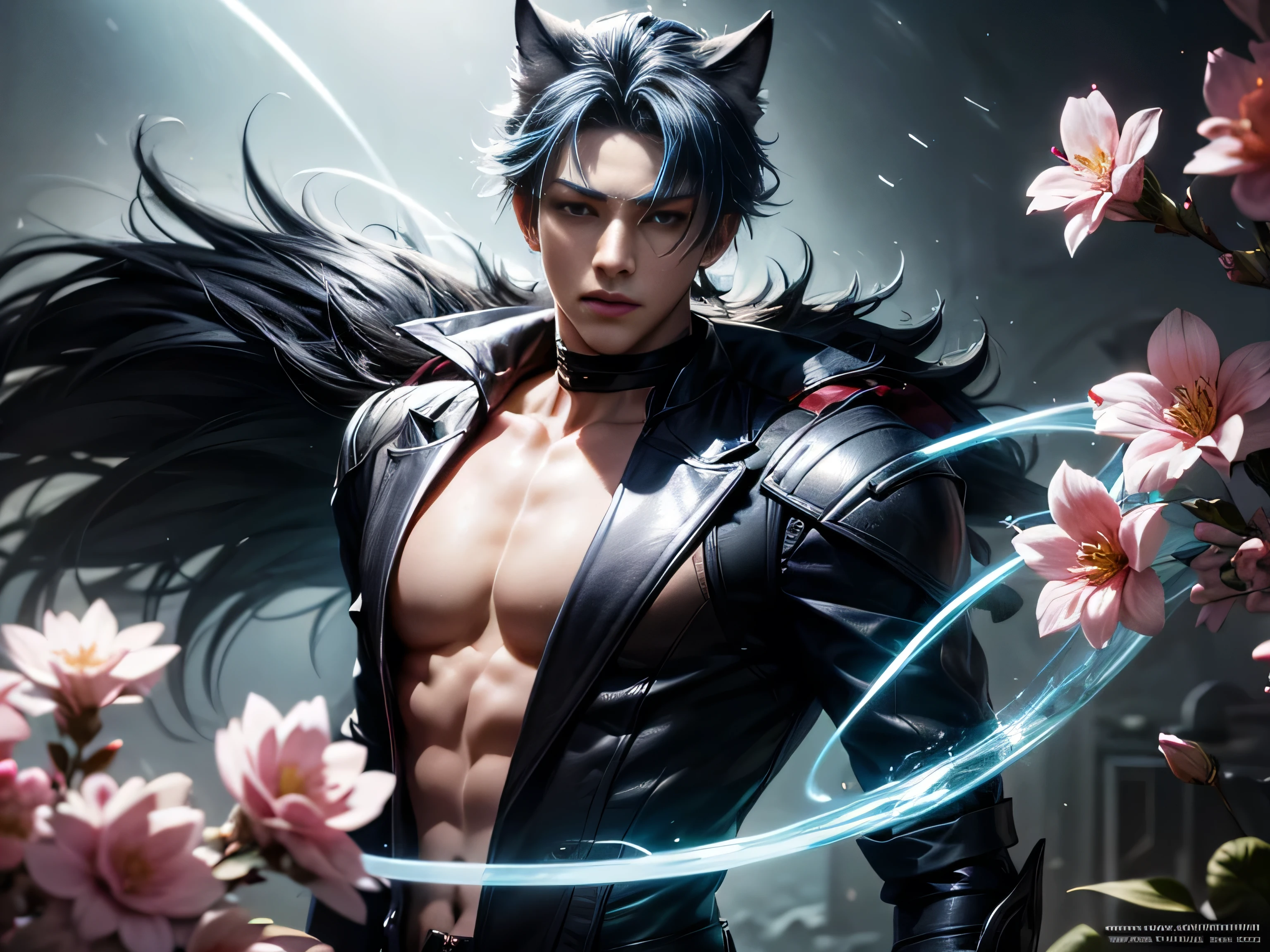 (Best Quality, 8K, Masterpiece, HDR, Soft Lighting, Picture Perfect, Realistic, Vivid), Nine tails of black fox(1.0), black fox tail(1.0), nine tailed fox, anime guy with blue hair and blue dressed in sexy leather suit, beautiful fantasy anime, very beautiful and cute fox guy, pink flower rain, background blur, anime fantasy, work in the style of Gouves, realistic:1.37, view from above, lies in pink flowers, horizontal view, (ultra high quality fantasy art), masterpiece, male model, ultra high quality male character designs, anime art with 8k development, realistic anime art, highest quality wallpaper illustrations, complex ultra high quality accurate male characters faces, high quality design and accurate physics (super-quality fantasy style)), art, dark fantasy)) Style), masterpieces, super-quality characters, anime resolution - 8K, realistic anime art, wallpapers with the highest quality illustrations, ultra-high detail of faces, high-quality design and physics accuracy), color, depth of field, shadows, ray tracing, production of high-quality computer wallpapers and 8K resolution, (Accurate simulation of the interaction of light and materials)], [High-quality detailed hair [More about beautiful and shiny red hair]], (Beautifully detailed hands [perfect fingers [Perfect nails]], (perfect anatomy (perfect proportions)))) [[Full length]], [Perfect color combination (Accurate imitation of the interaction of light and material)], [art that conveys the meaning of the story ]