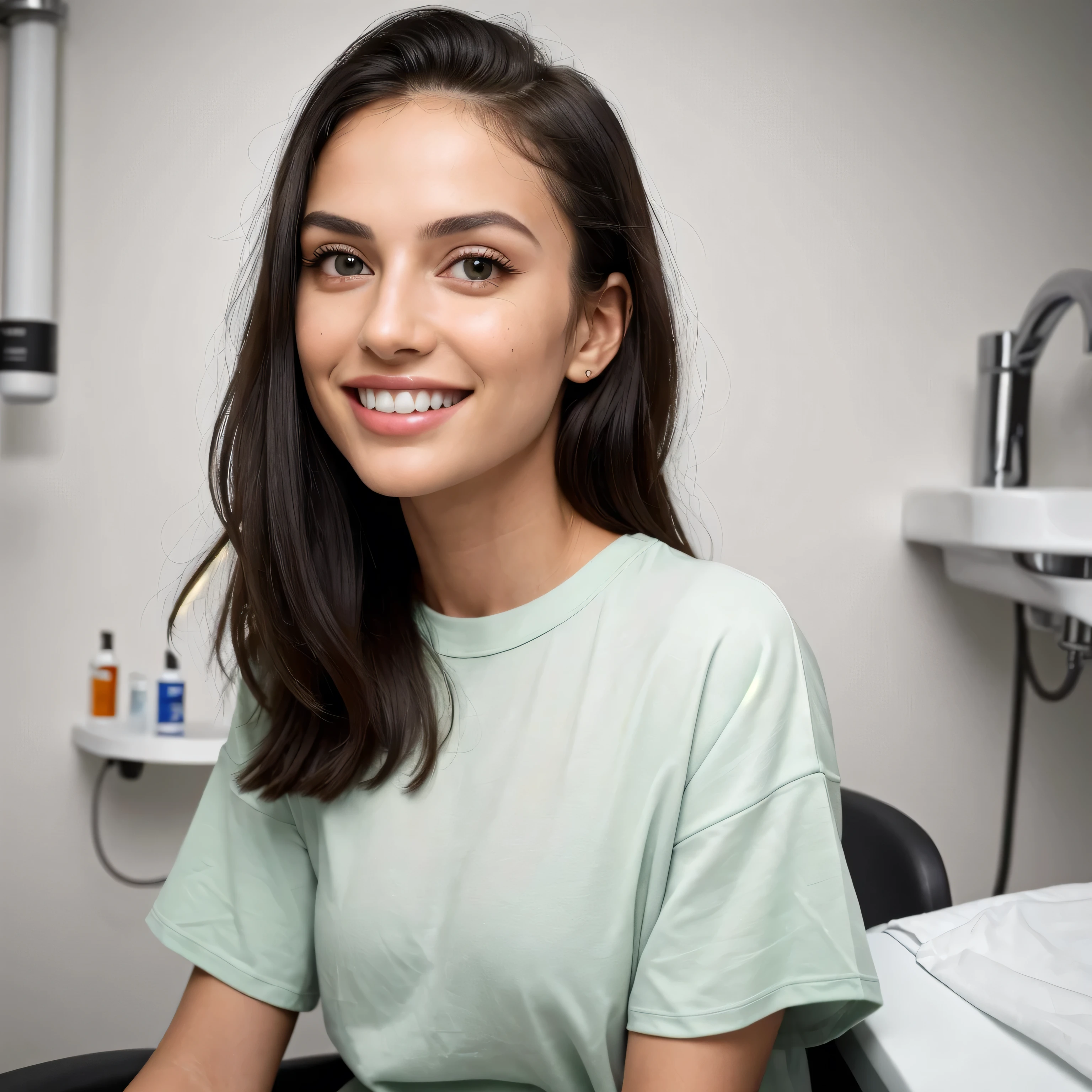(8k, highest quality, ultra detailed:1.37, mid-range image),1girl, 18yo, dentist clinic, setting on the dentist chair, light green eyes, small head, acne,bad skin,small nose, acne skin, real, thick hair, super realistic detailed eyes, super realistic detailed teeths, a stylish Palestinian women, modest, wearing a long plain black t-shirt, attractive smile, white teeth, showcases her unique fashion sense in a trendy setting. The high-resolution image captures ultra-detailed realism, highlighting confident pose, captivating eyes, big eyes, and flawless complexion.