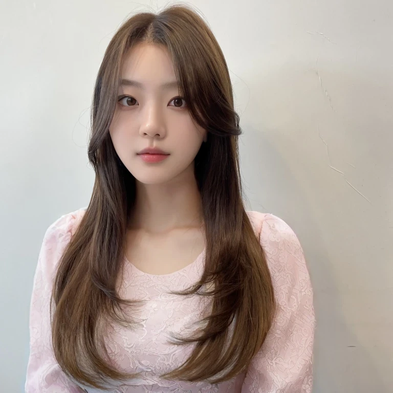 Best Quality, 8k, Masterpiece, (Portrait: 1.3), (photo realistic:1.4), (hyper realistic:1.4), Sharp Focus, looking at viewer, (smoother lighting:1.1), (increase cinematic lighting quality:0.9), realistic lighting, backlighting, light on face, ray trace, (brightening light:1.2), (Increase quality:1.4), sharp detail, (best quality real texture skin:1.4), finely detailed eyes, black_eyes, finely detailed face, 25 year old Korean woman, (pink dress_shirt:1.4), (Create an image maintaining the original base model hairstyle:1.5)