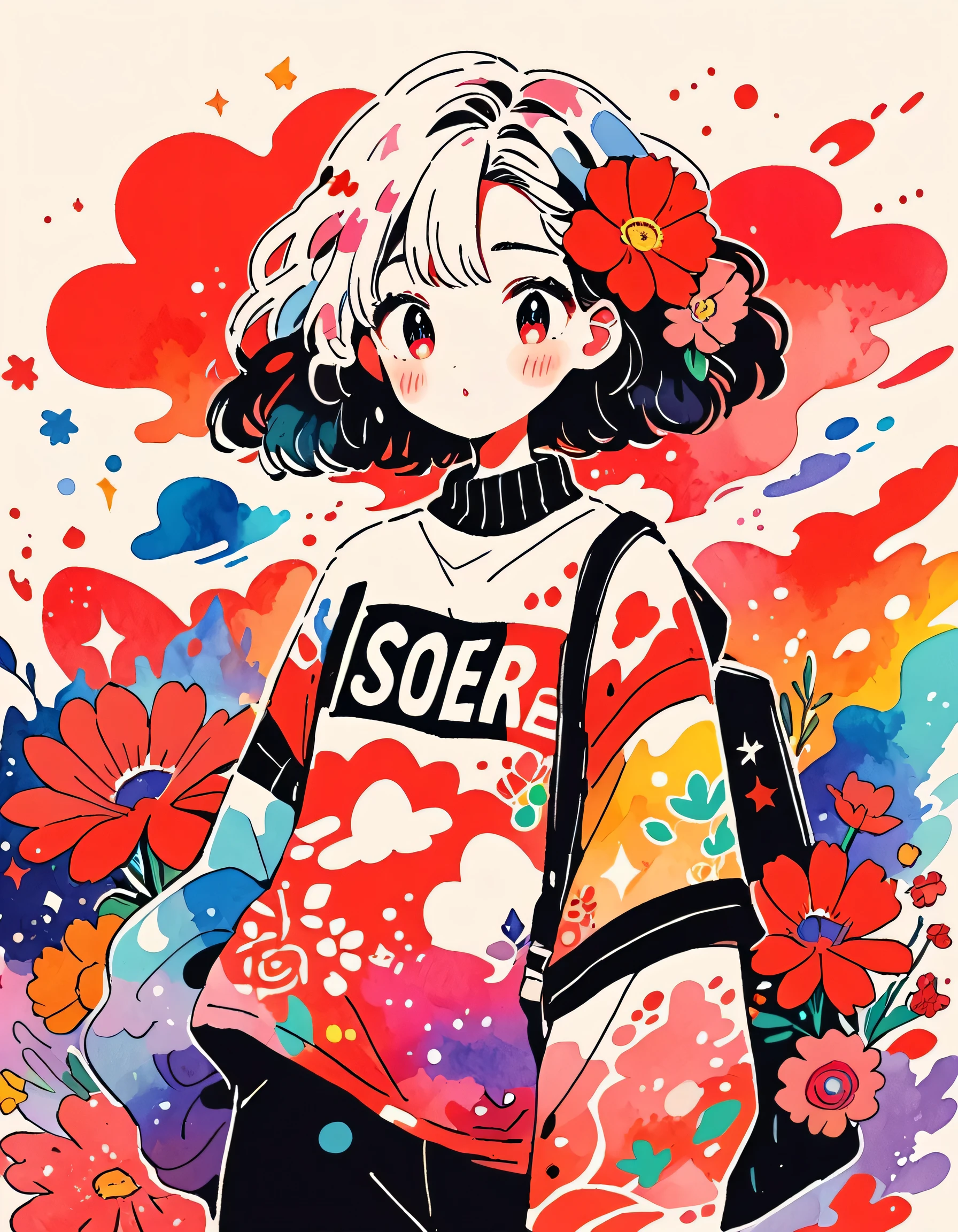 Black Star Red and White Style、(((stylish fashion))), 8K Quality、Intense watercolor, Detailed watercolor art, Watercolor splash, Surreal, avant-garde pop art, Beautiful and expressive paintings, Beautiful artwork illustration, Very colorful tones, wonderful, Cool beauty, highest quality、Official Art, Vector art, Stylish design, (((The most beautiful girl))), (((highest quality))), HDR, ((detailed)), (((Doodle Art)), ((masterpiece)), ((Super detailed)), (((Colorful flowers))),(((Stylish)))