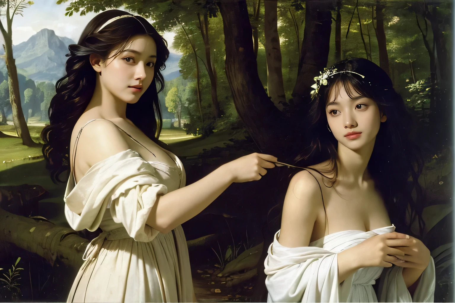 Giorgione painting style,Barbizon forest A beautiful woman in Greek dress smiles on the shore,Sweet and seductive appearance.、Caravaggio's paintings、Chiaroscuro of Caravaggio、hair tousled by the wind,Two women frolicking,cute smile, expression of ecstasy,Sexy,erotic, full body portrait