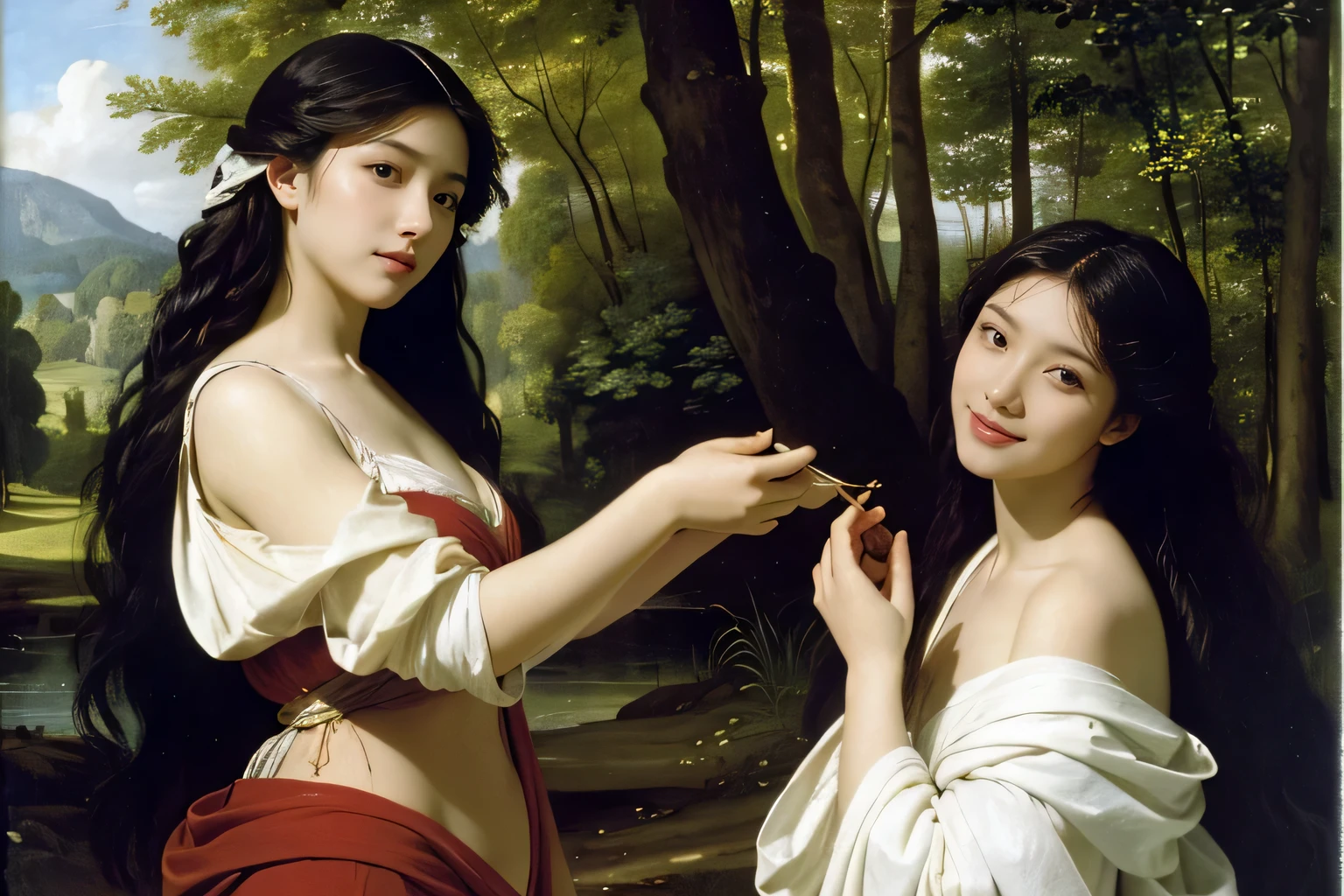 Giorgione painting style,Barbizon forest A beautiful woman in Greek dress smiles on the shore,Sweet and seductive appearance.、Caravaggio's paintings、Chiaroscuro of Caravaggio、hair tousled by the wind,Two women frolicking,cute smile, expression of ecstasy,Sexy,erotic, full body portrait