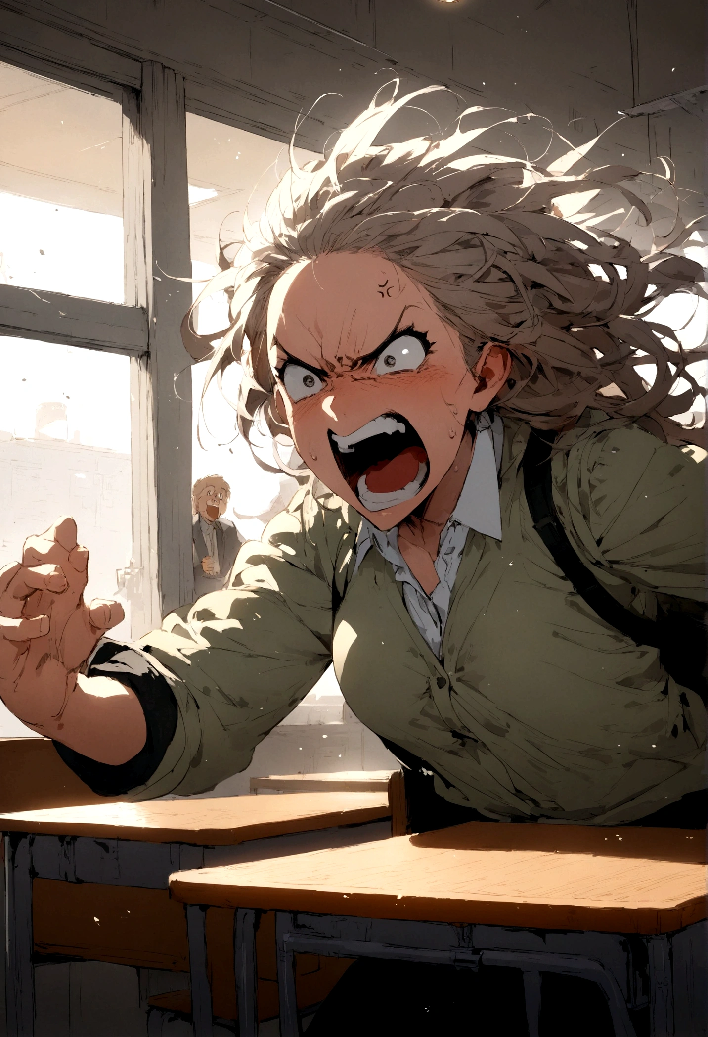 Anime character engrossed in study, angry student, huge book drowning them in knowledge, surrounded by layers of scrolls and floating notes, a lamp casting warm light, brightly lit room with shelves full of books, night study session, illustration of manga, hand-drawn, textured details, expressive faces, dynamic lines.