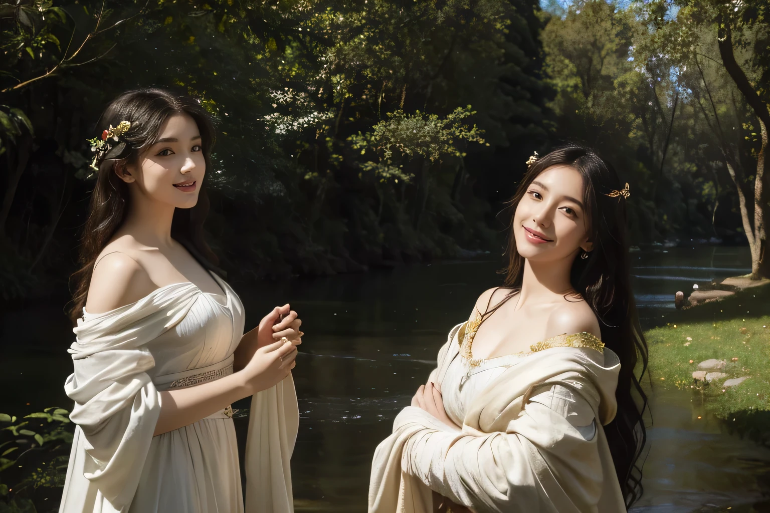 Giorgione painting style,Barbizon forest A beautiful woman in Greek dress smiles on the shore,Sweet and seductive appearance.、Caravaggio's paintings、Chiaroscuro of Caravaggio、hair tousled by the wind,Two women frolicking,cute smile, expression of ecstasy,Sexy,erotic, full body portrait