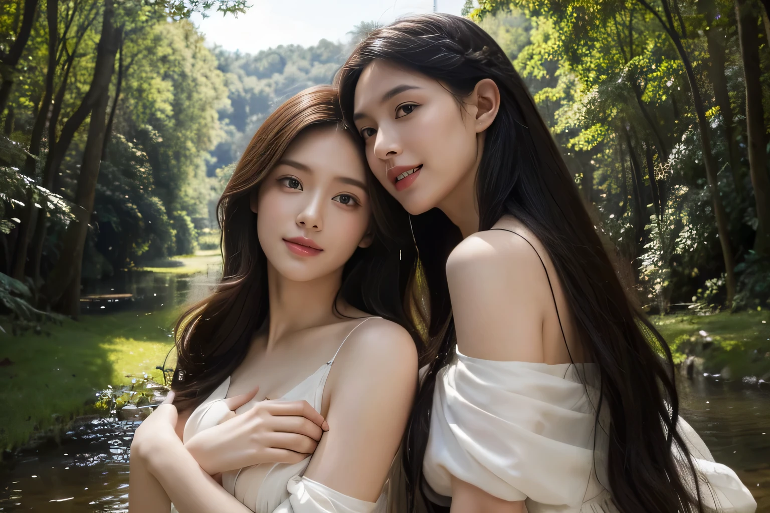 Giorgione painting style,Barbizon forest A beautiful woman in Greek dress smiles on the shore,Sweet and seductive appearance.、Caravaggio's paintings、Chiaroscuro of Caravaggio、hair tousled by the wind,Two women frolicking,cute smile, expression of ecstasy,Sexy,erotic, full body portrait